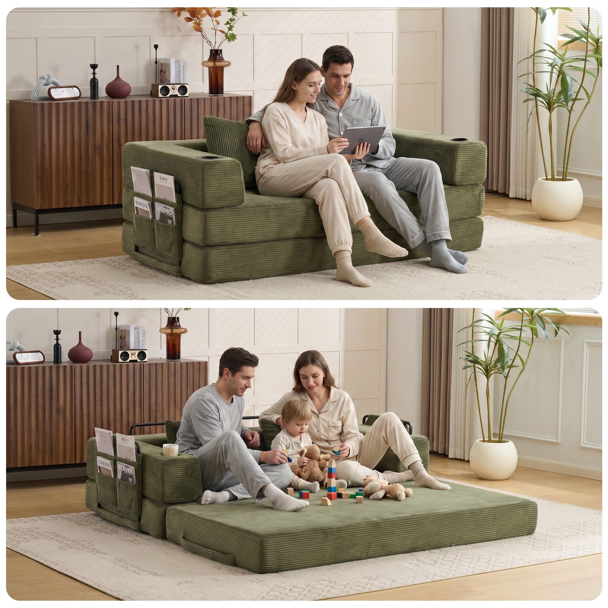 Vankel Loungebett Sofas Wohnzimmer, Sofa mit Schlaffunktion aus Cord mit Cupholder, Faltbares Schlafsofa mit Seitentaschen, Cupholdern und ohne Montage