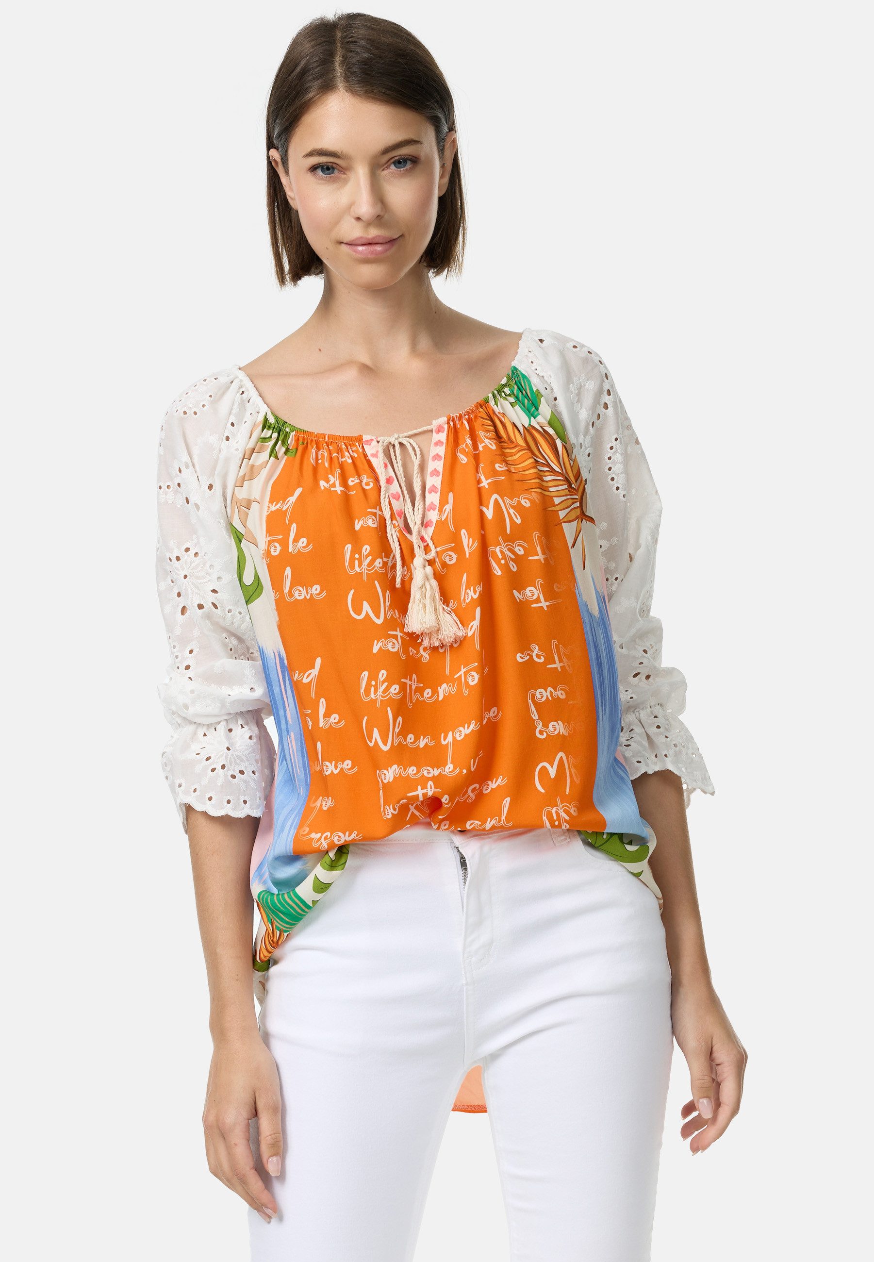 Rayshyne Carmenbluse PM61 (Verspielte Tunika Bluse mit Spitzenärmeln) Spitzenärmel, Materialmix, Mustermix, Schulterfrei tragbar