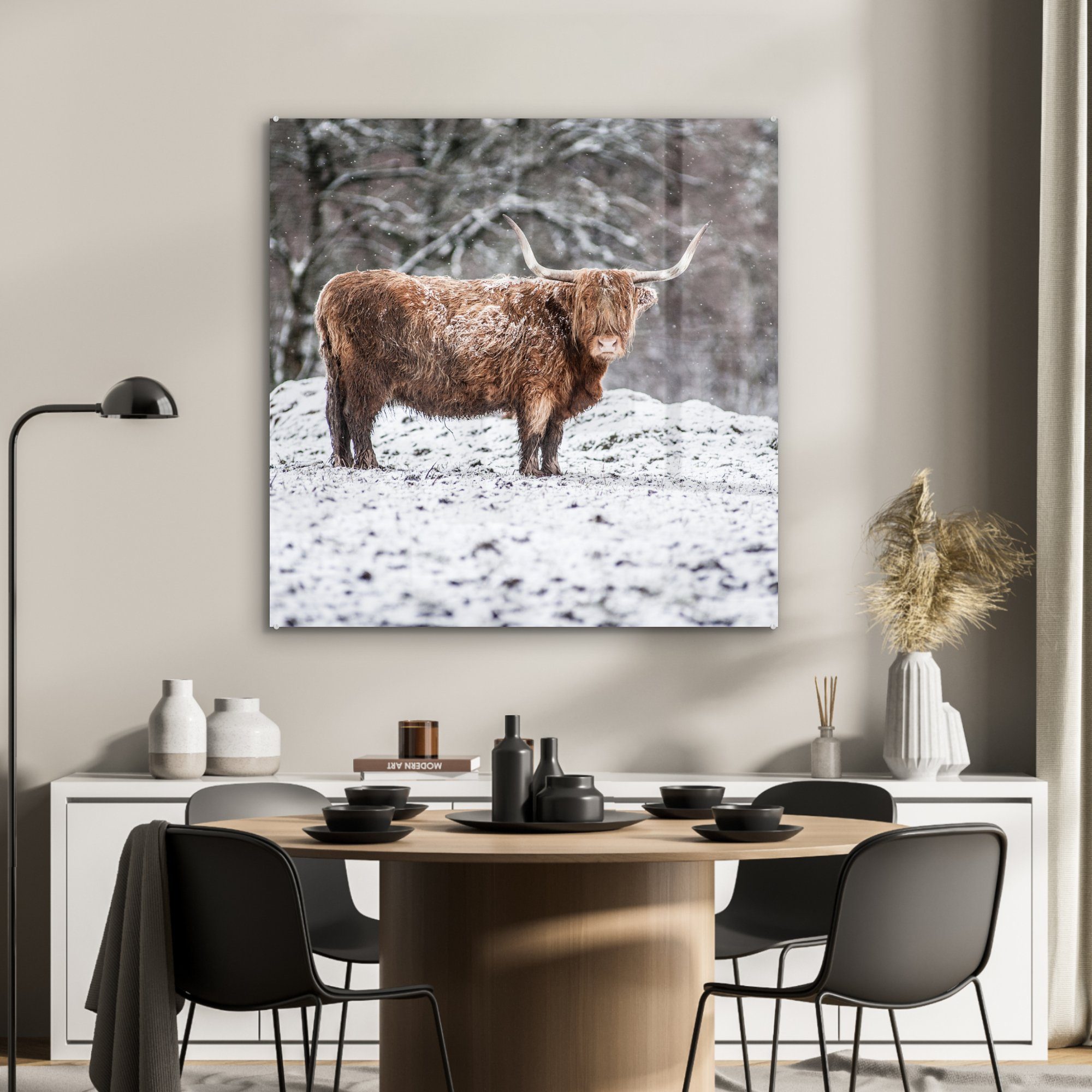 auf & Schnee, (1 Dekorative Wohnzimmer - - Schottischer MuchoWow Küche Highlander Acrylglasbild Bild für Baum Glas St),