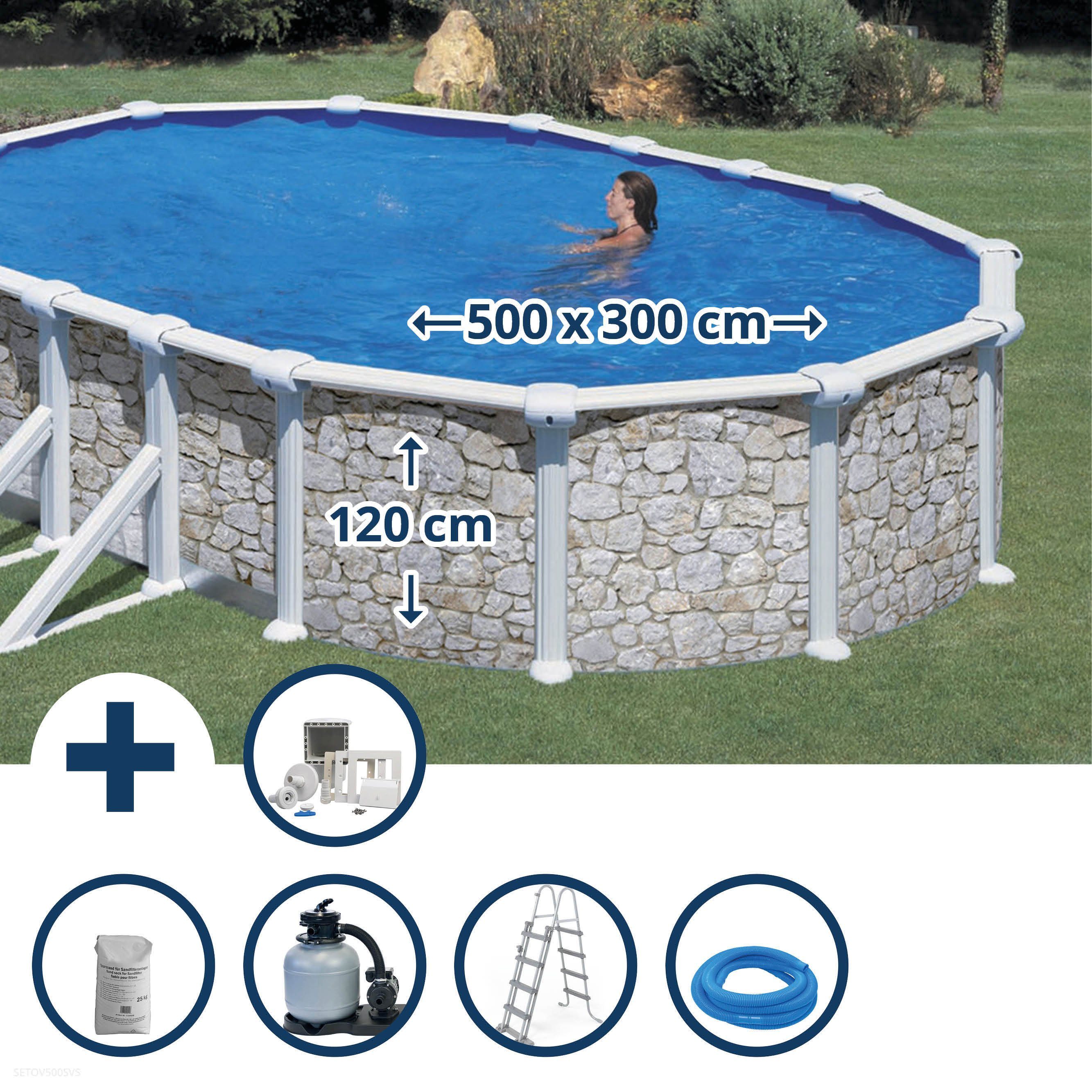 Gre Ovalpool Stahlwandpool Set (6-teilig) hoch oval 500 x 300 x (Komplett-Set), verzinkte Stahlwand