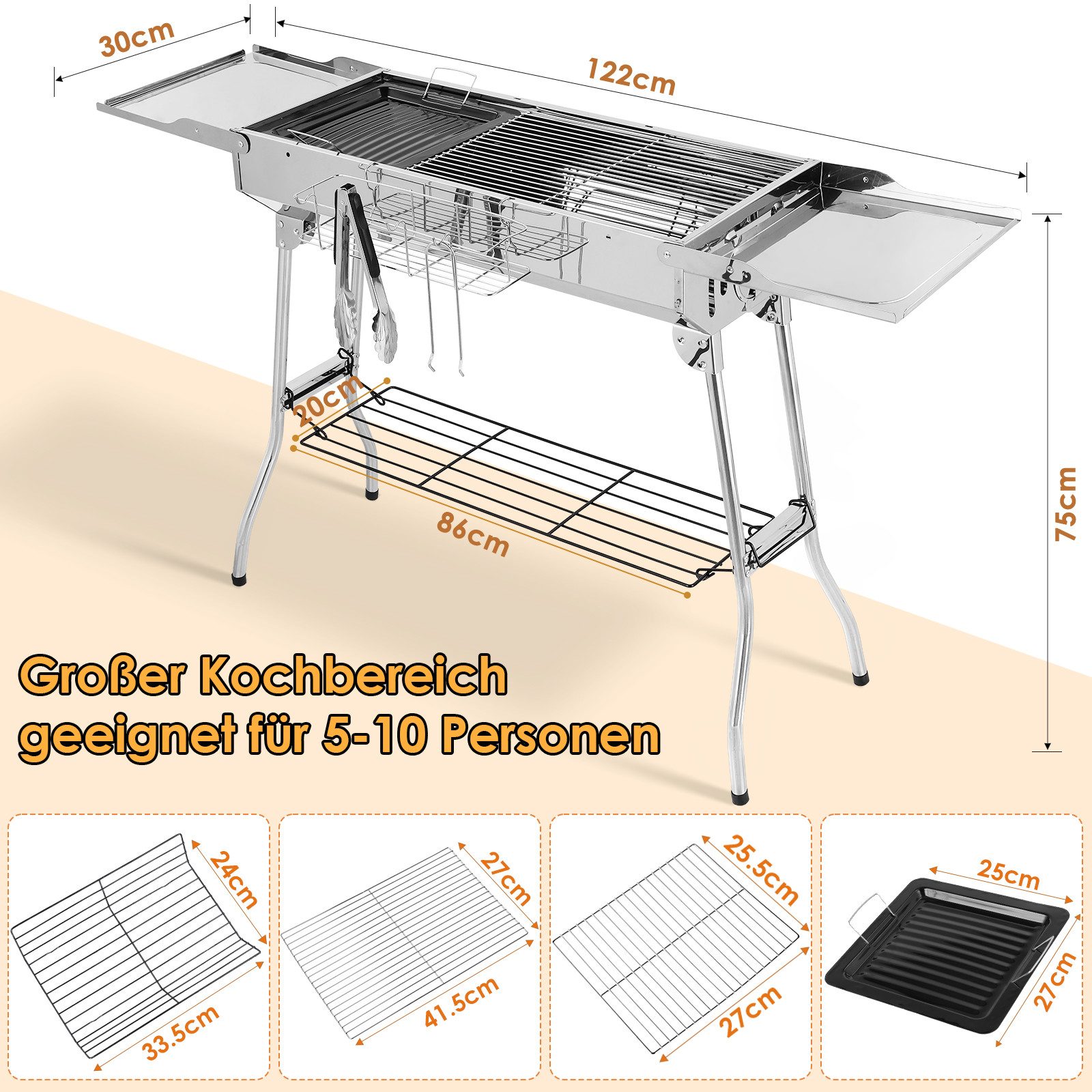 TLGREEN Holzkohlegrill BBQ Charcoal Grill mit Antihaft-Pfanne, Klappgrill Edelstahl mit gusseisenpfanne,Tragbar Camping Grill – Bild 4 von 5