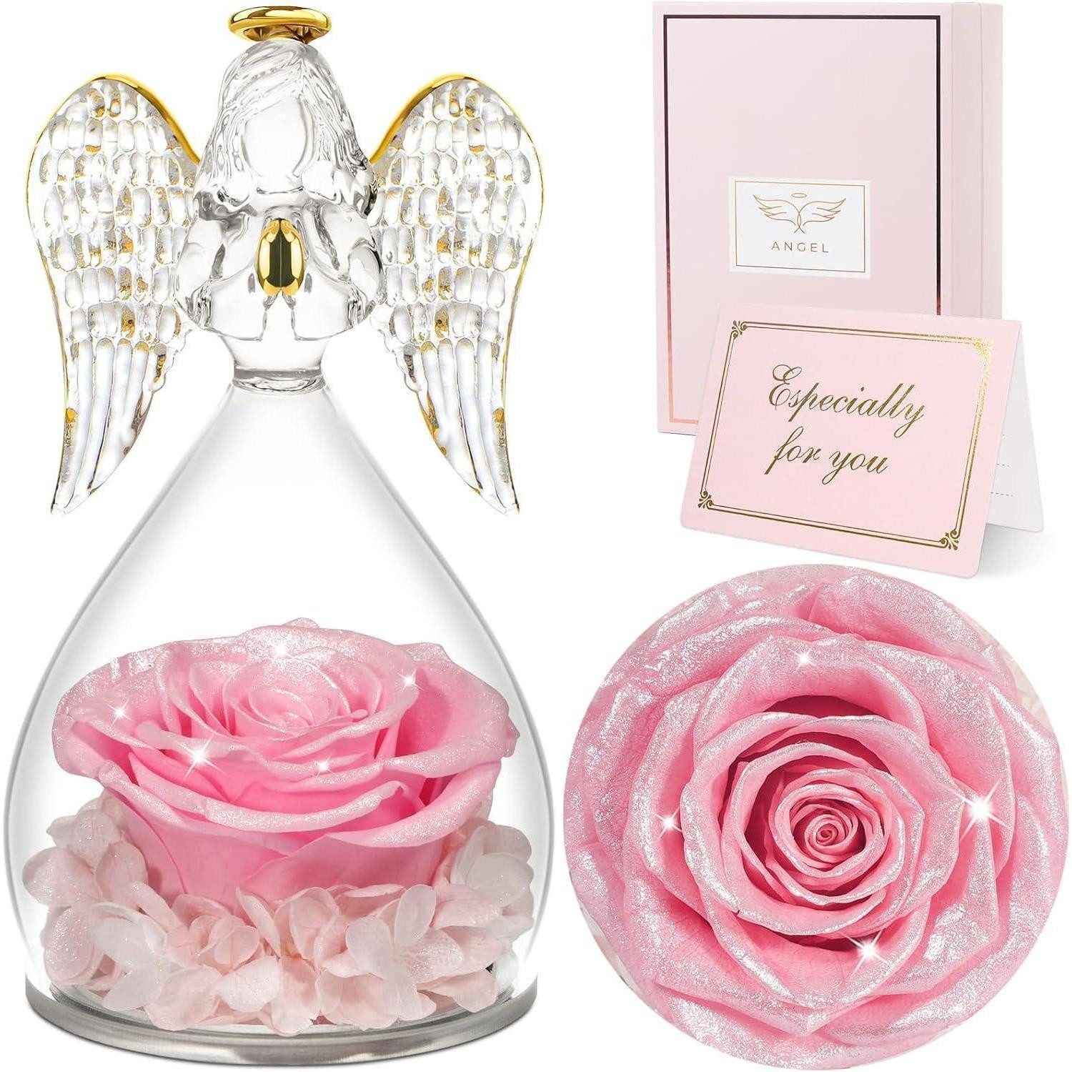 Kunstblume Ewige Rose Engel Glaskuppel Geschenk Muttertag Oma Mamafrauen, LuxusKollektion, Höhe 17.8 cm