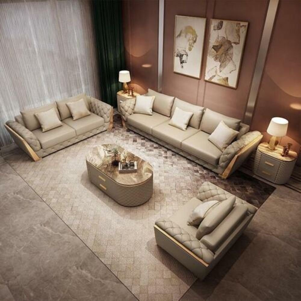 Wohnzimmer-Set Designer (6-St) Couchtisch Garnituren Leder Beige Garnitur Tisch, Sofa JVmoebel 6tlg. Polster