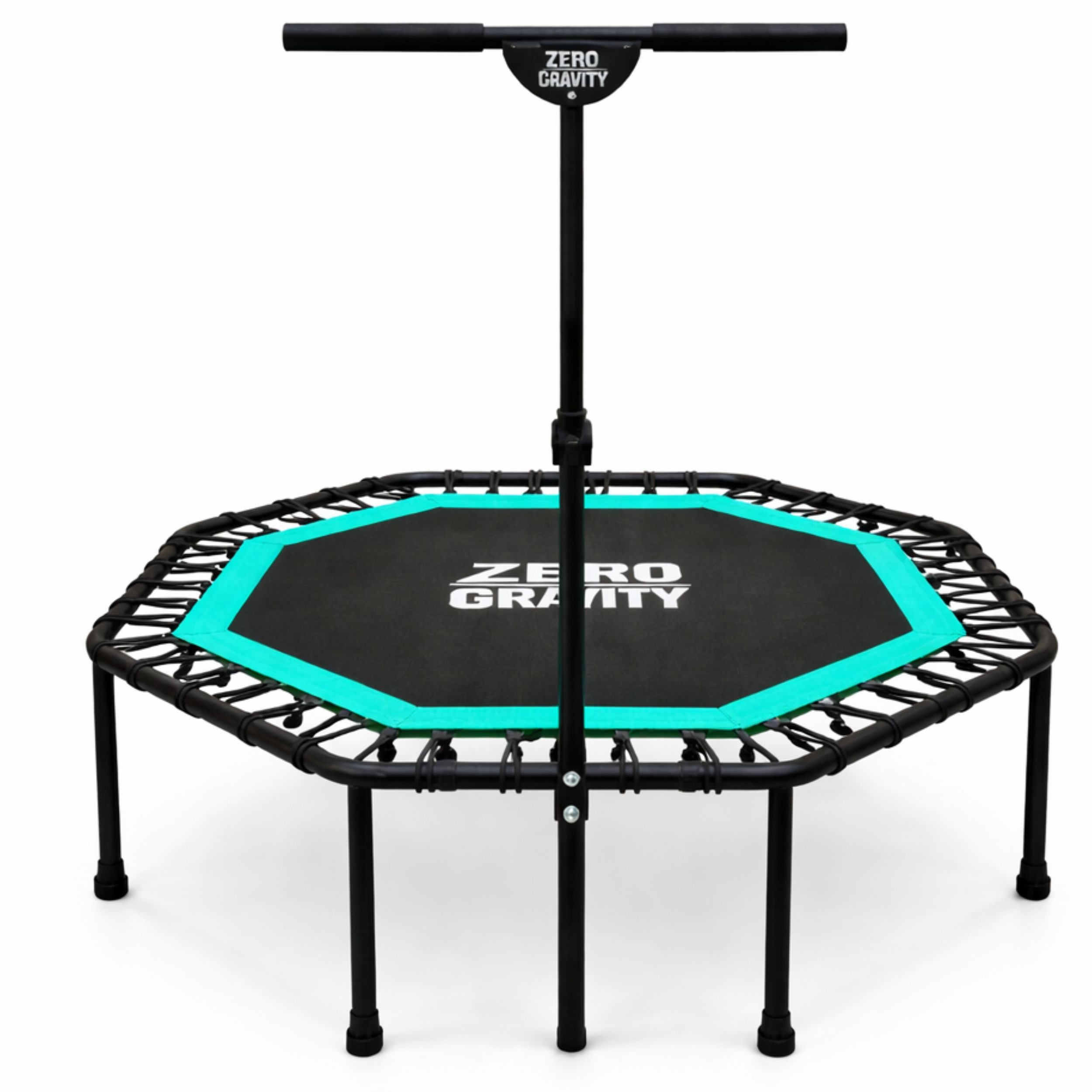 Zero Gravity Fitnesstrampolin mit großer Sprungfläche • Höhenverstellbarer Haltegriff • Bis 130kg, Ideal für Jumping Fitness, Leise Bungeeseilfederung, 9 Standbeine