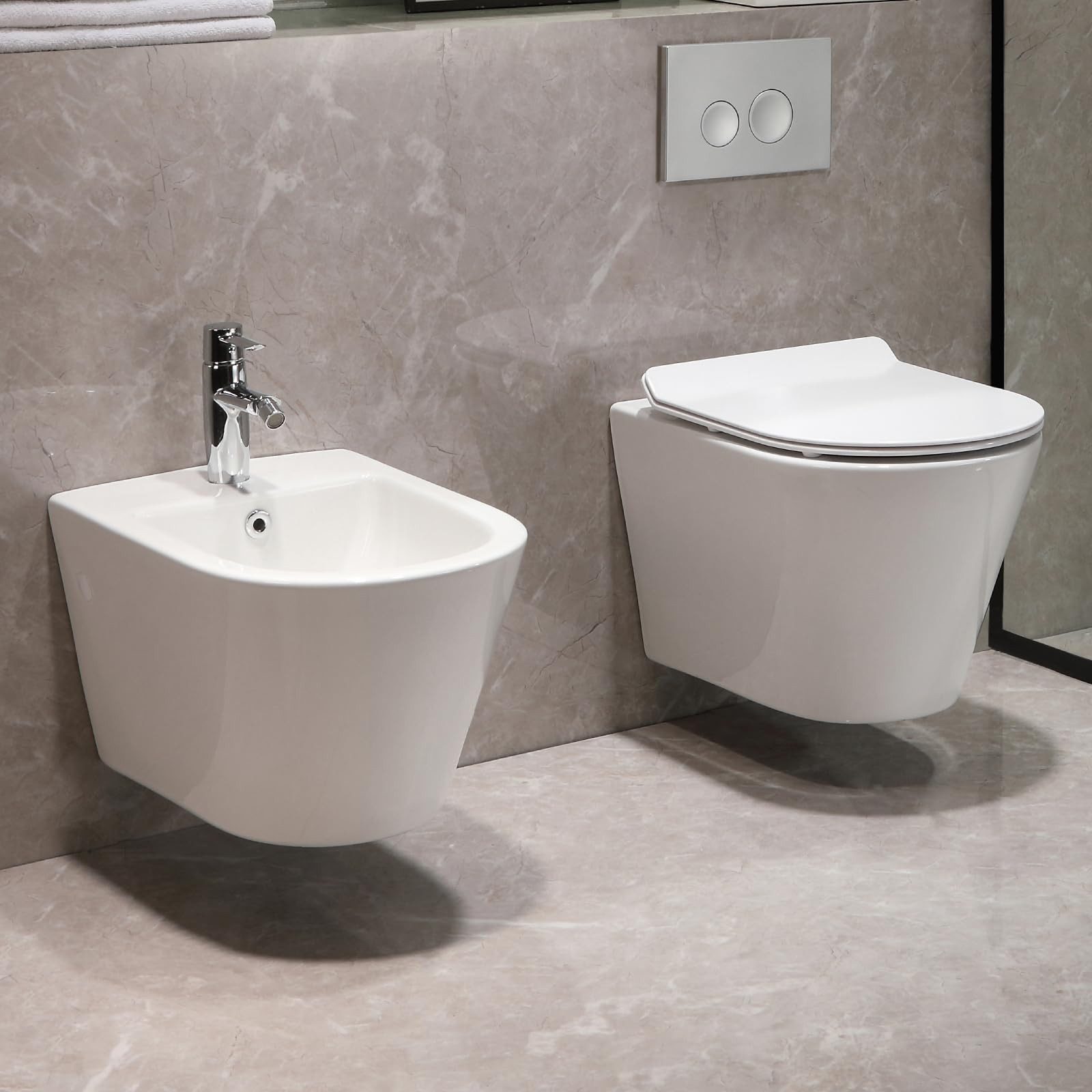 HOROW Bidet Hänge Bidet Komplet Set mit Hänge WC Spülrandlos, wandhängend, WC Sitz mit Absenkautomatik Abgang