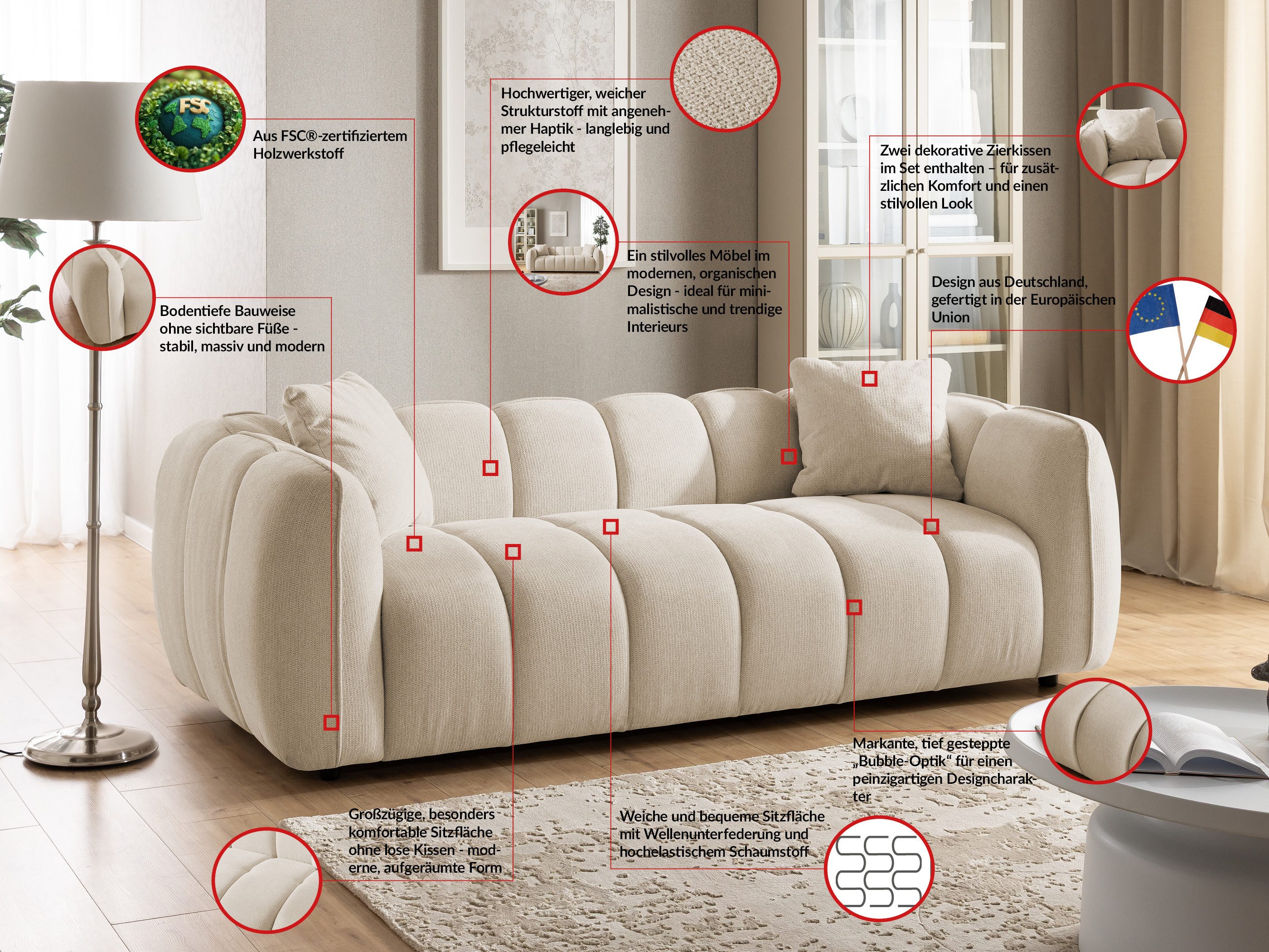 S-Style Möbel Sofa 3-Sitzer Nubira in tief gesteppter Bubble-Optik aus Strukturstoff, mit modernem Design und Wellenfederung – Bild 3 von 5