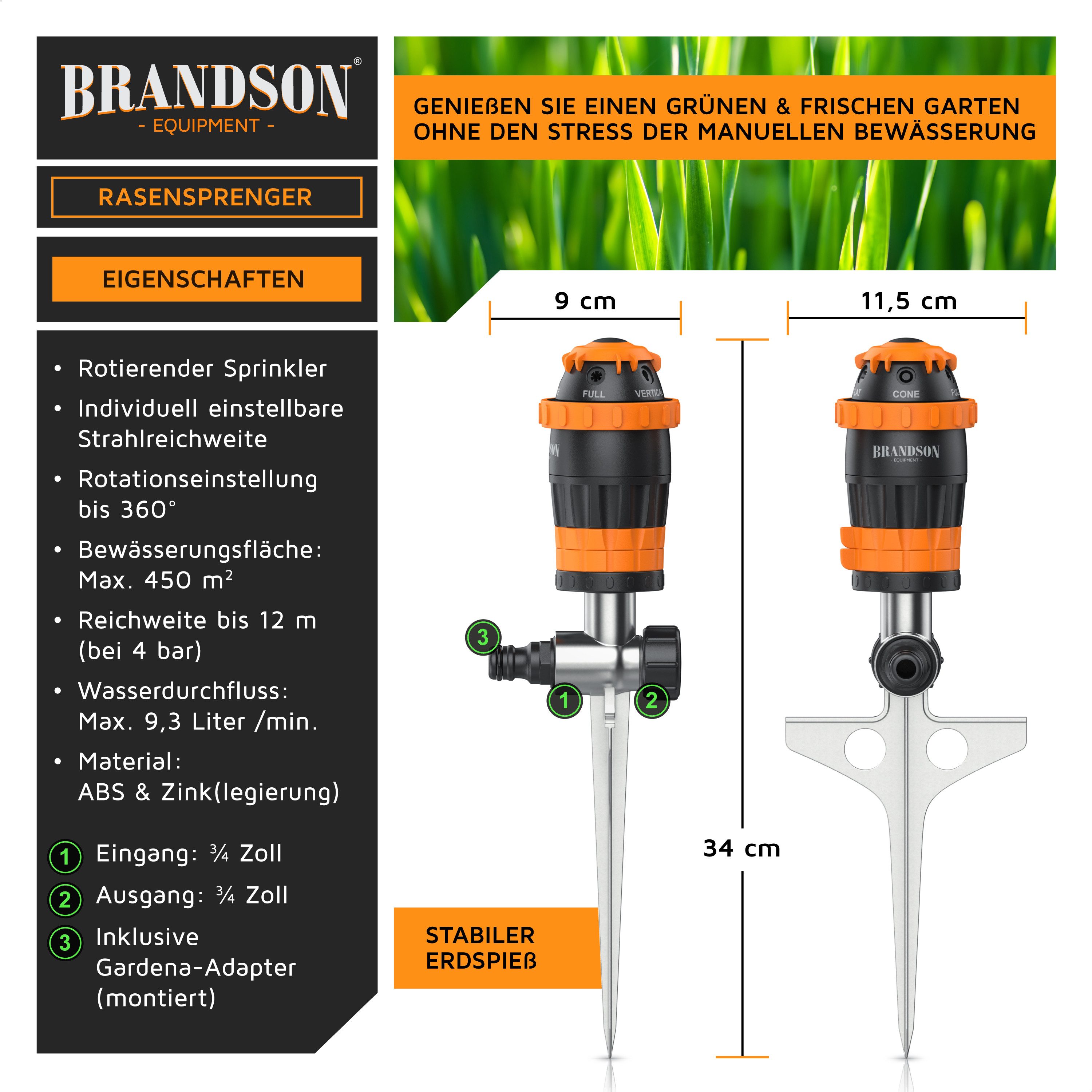 Brandson Kreisregner 5-fach Rasensprinkler mit Erdspieß, 360° Flächenregner, Sprühregner, für Flächen bis 150 m², 14 cm lang, (1-St), 5 Sprühmuster, Rasensprenger mit Edelstahl-Erdspieß, 12 m Reichweite