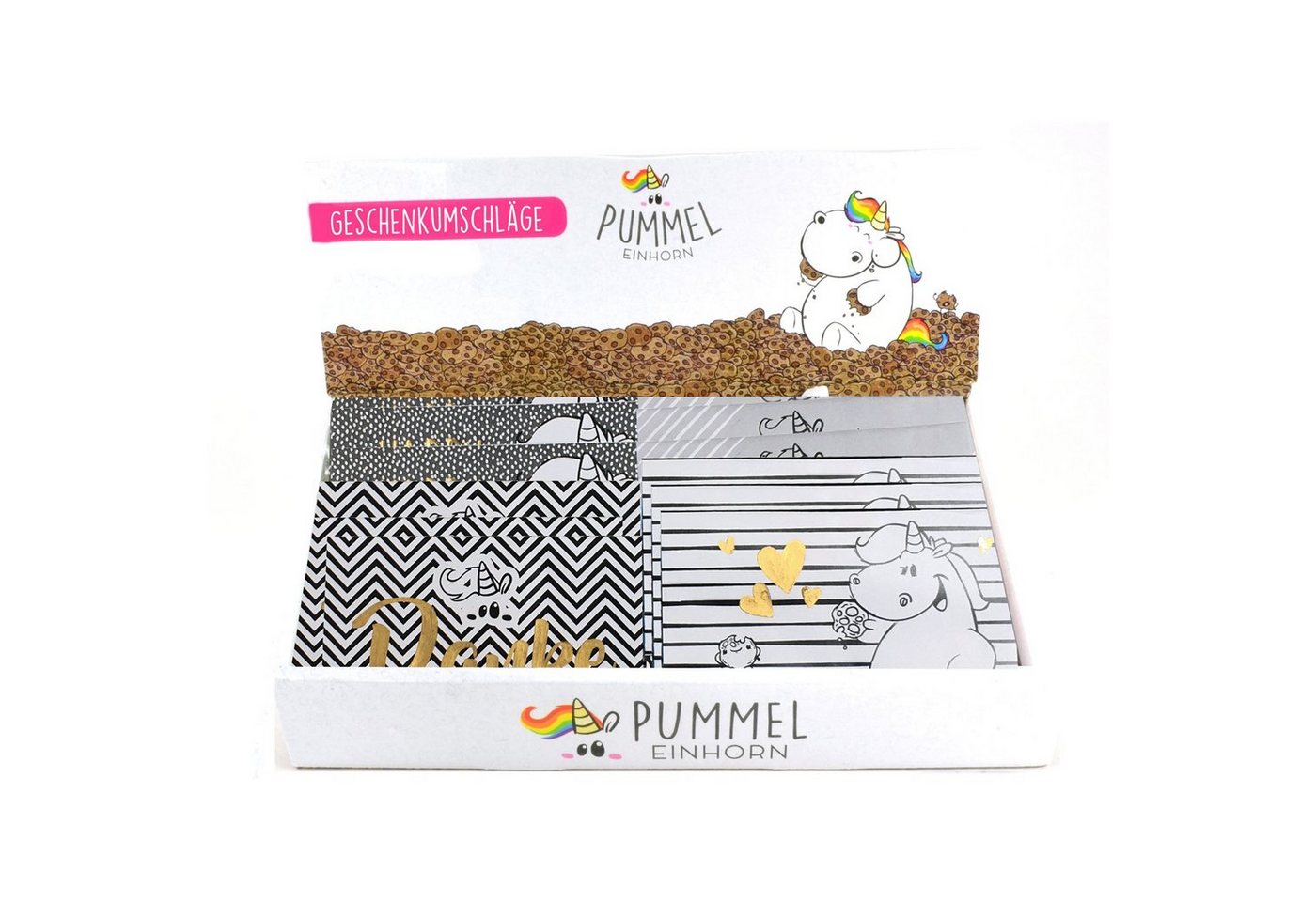 Thumbnail - United Labels® Postkarte Pummel & Friends Gutscheinumschläge Display - Pummeleinhorn Schwarz/Weiß (24 Stück)