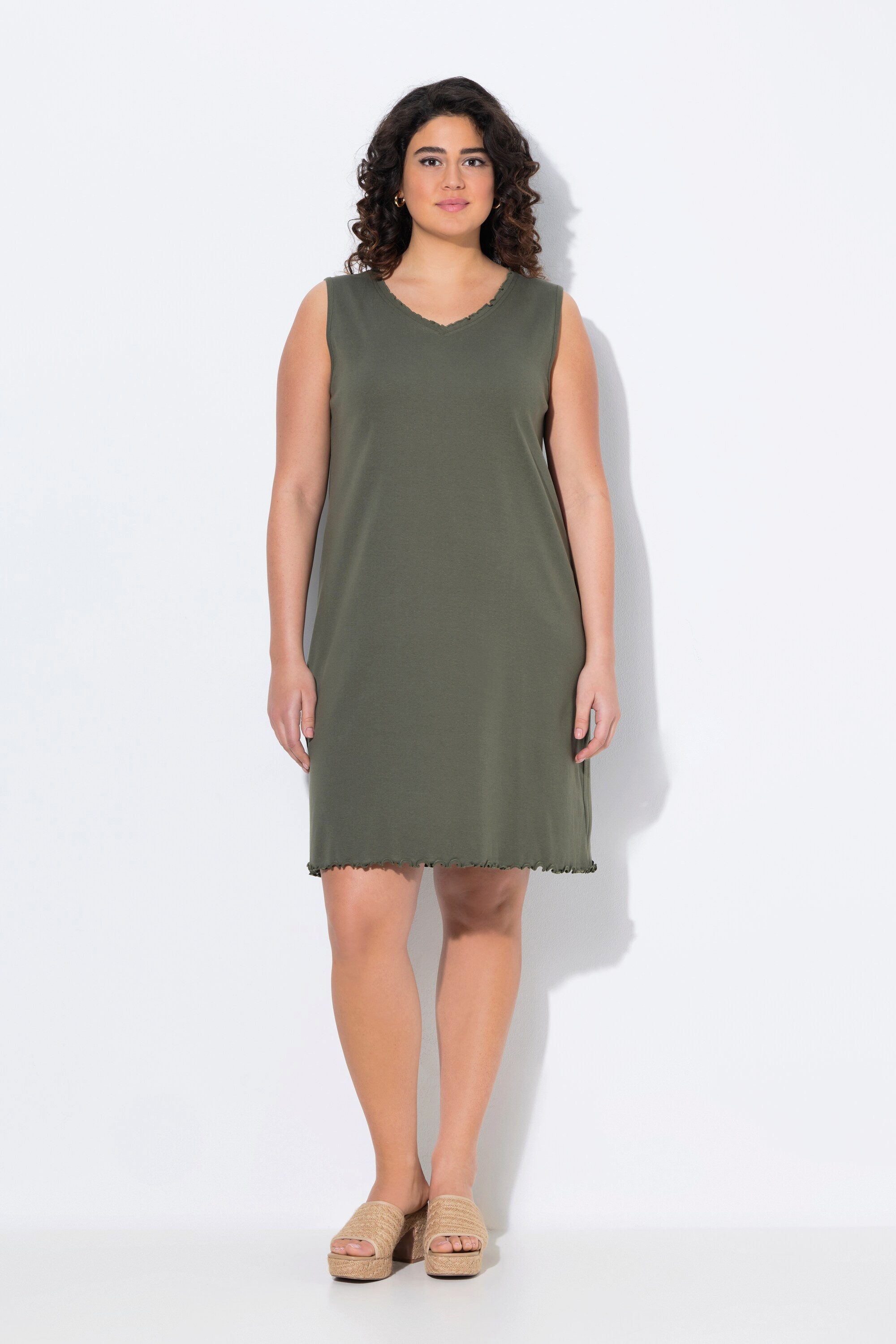 Ulla Popken Maxikleid Kleid A-Linie Jersey V-Ausschnitt ärmellos günstig online kaufen