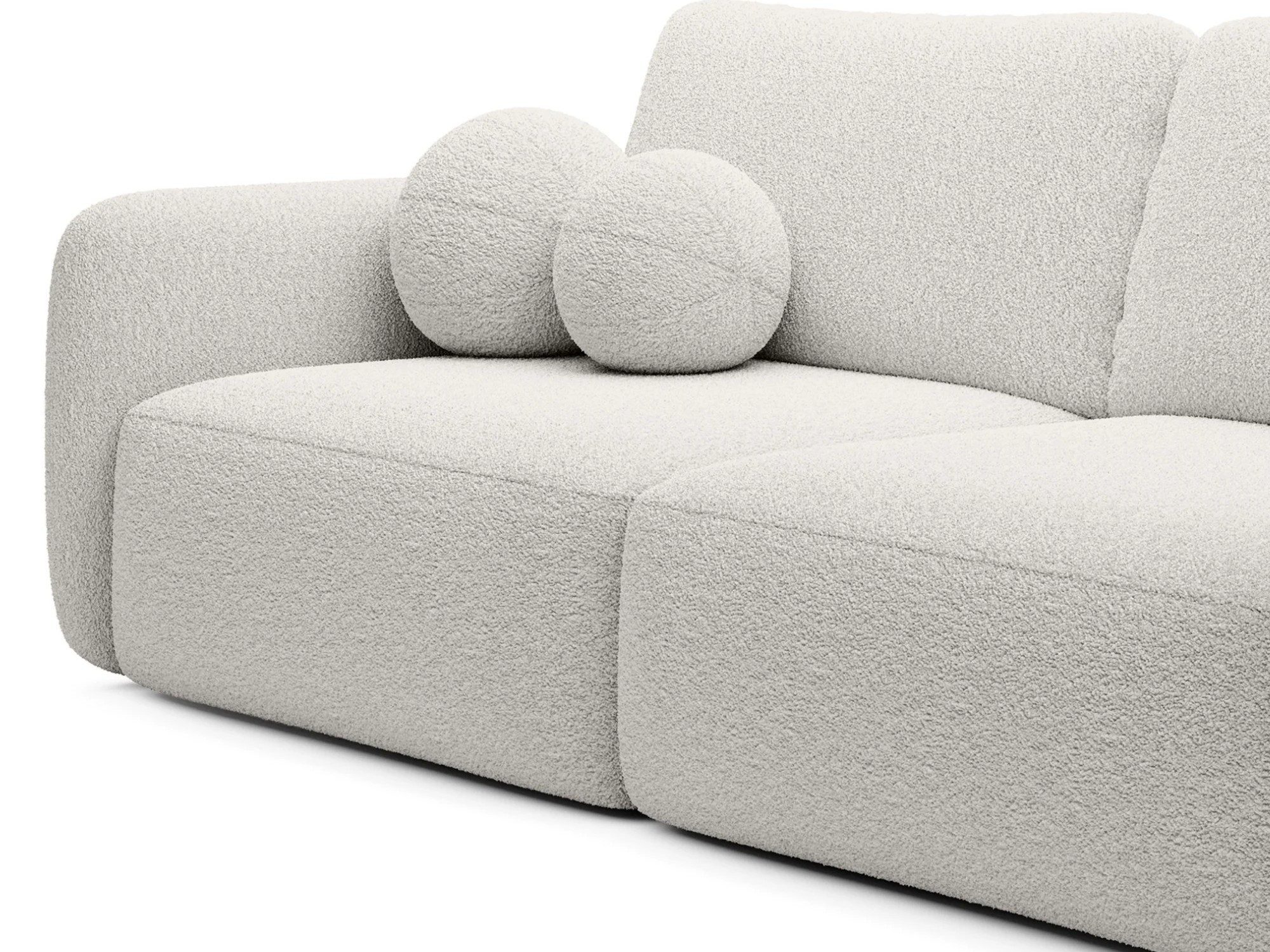 Goldstoff Schlafsofa Boo mit Bouclé-Stoff, Dekorative runde Kissen, ausziehbare Liegefläche