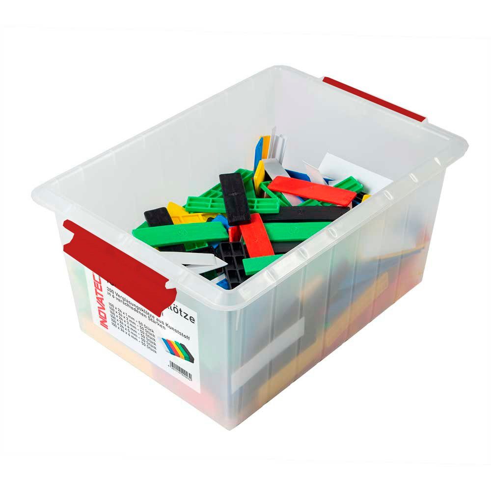x Unterlegplatte Box mit 100 wiederverwendbarer mm Montage 6 x in und Clips Verglasungsklötze praktischer - Trageklötze x 24 300 Deckel Kunststoff Inovatec Mix 1