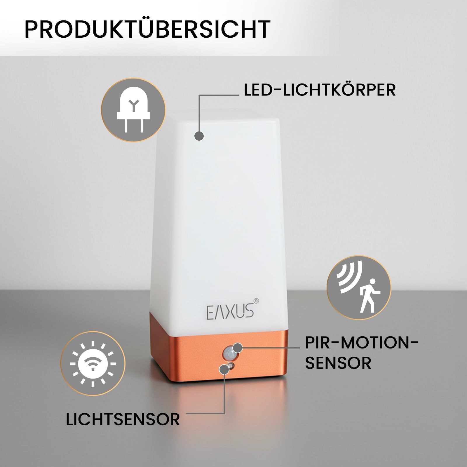 EAXUS LED Tischleuchte Kabllose Nachtlampe im Kupfer/Bronze Look, mit Bewegungssensor & Dämmerungssensor, LED fest integriert, warmweiß, Nachttischleuchte – Bild 3 von 5