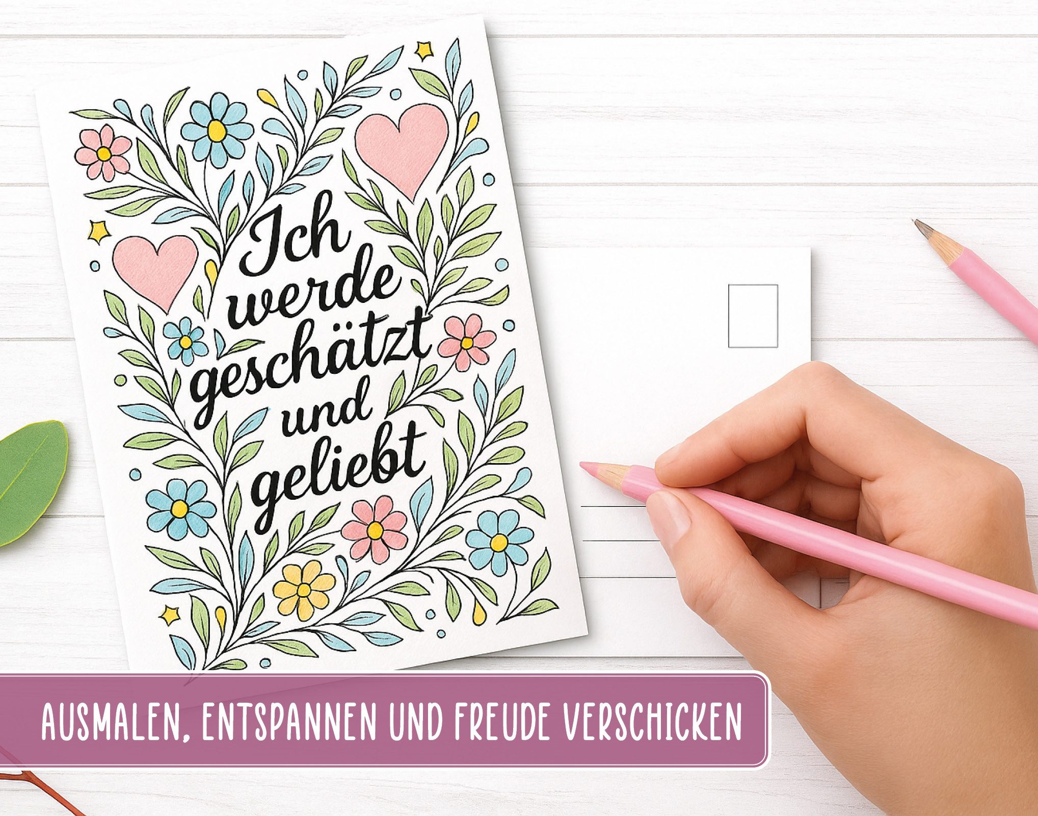 TypeStoff Grußkarten TypeStoff 20er Ausmal-Postkarten Set DIN A6 – Motive & Affirmation, Ausmalbar, Nachhaltiges Papier