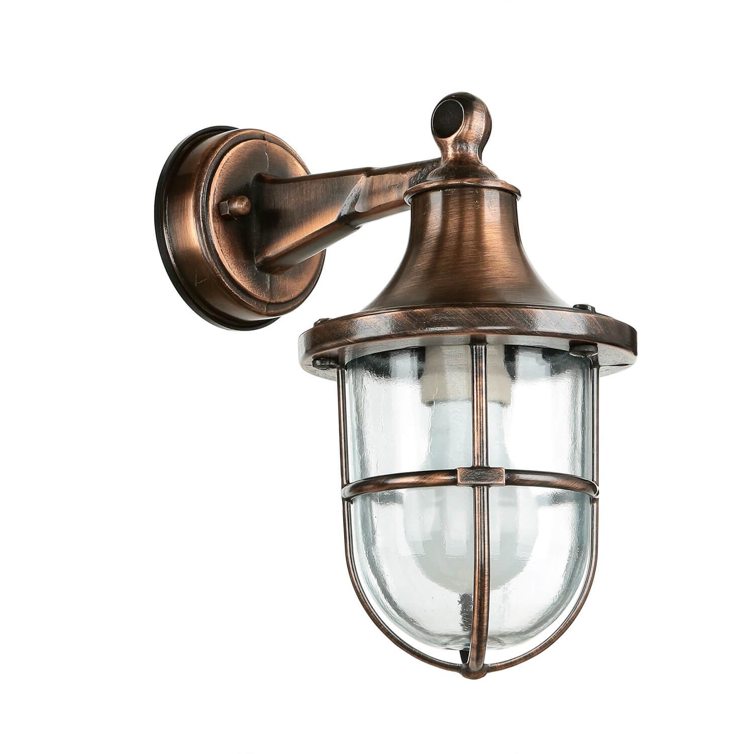 Licht-Erlebnisse Außen-Wandleuchte SANTORIN, ohne Leuchtmittel, Kupfer antik IP64 E27 Glas Messing massiv Maritim Garten Terrasse