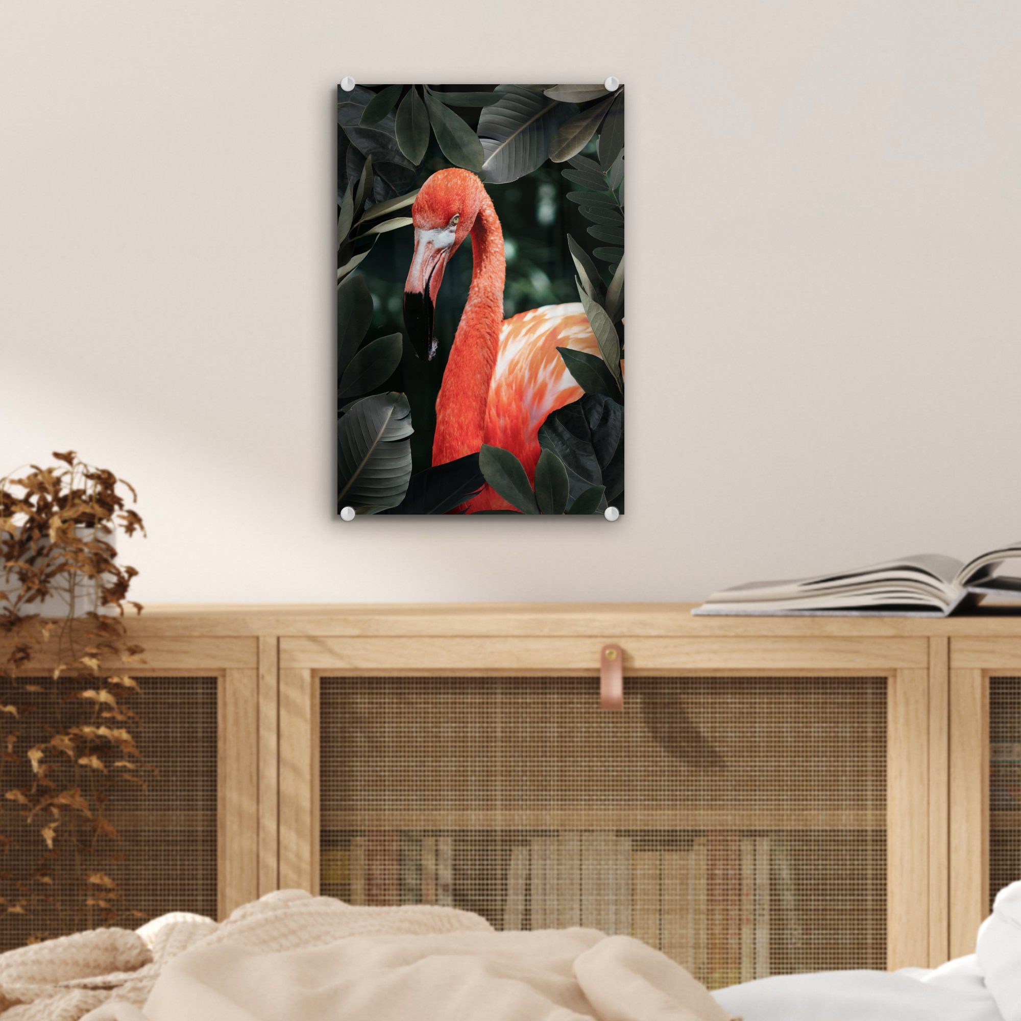 MuchoWow Acrylglasbild Flamingo - Glas Bilder bunt Grün, - Blätter Glasbilder Glas - Foto - auf St), Wandbild (1 - auf Wanddekoration