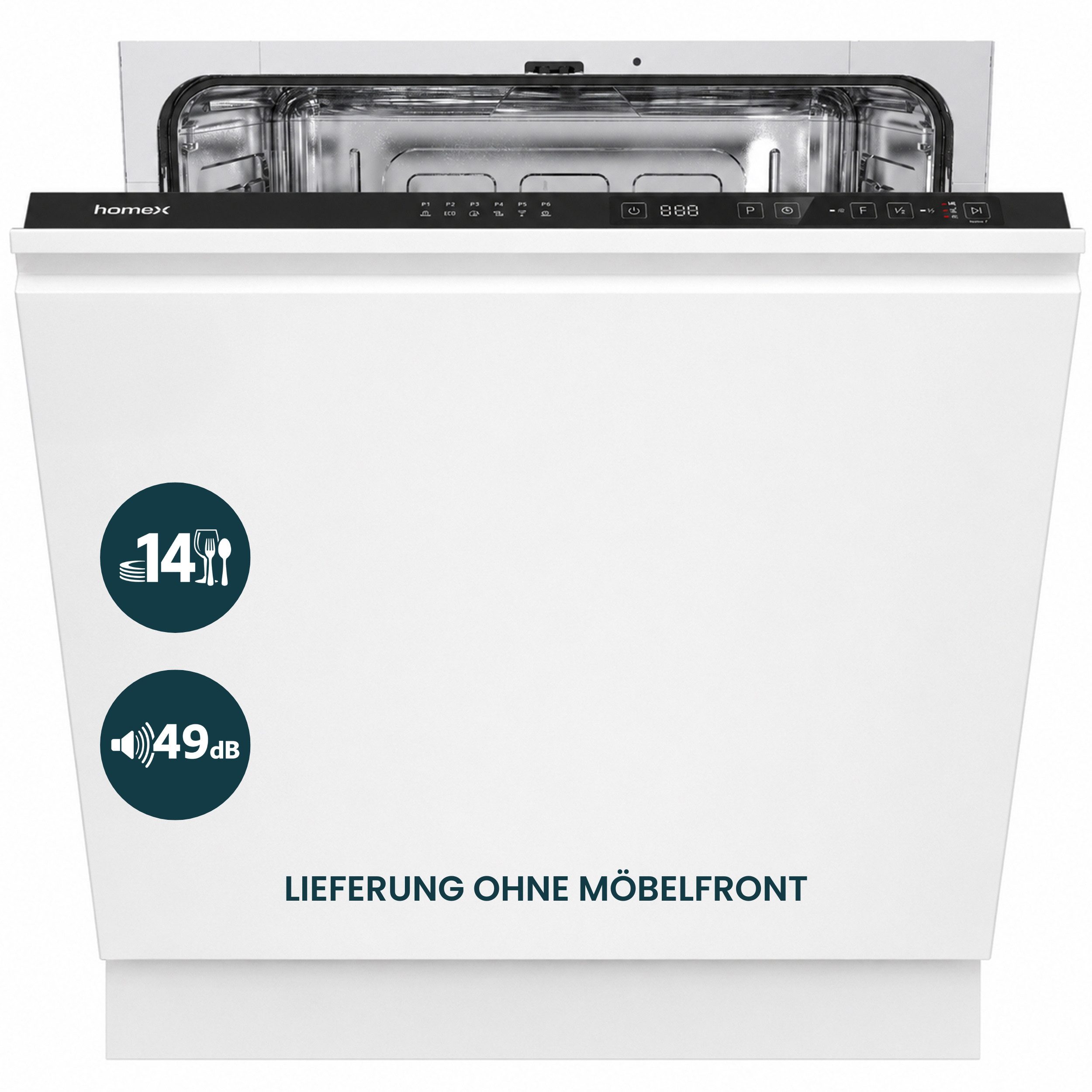 homeX vollintegrierbarer Geschirrspüler DWFI601449E, 12 l, 14 Maßgedecke, Einbau Spülmaschine vollintegriert 60 cm, 6 Programme, AquaStop, 49 dB
