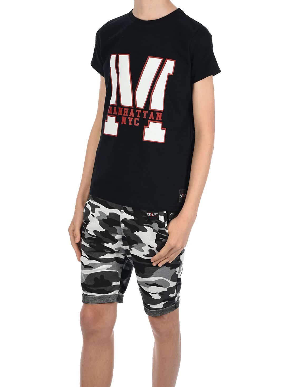 T-Shirt (1-tlg) & Schwarz Set mit T-Shirt Shorts elastischem Bund BEZLIT Camouflage Shorts / Jungen