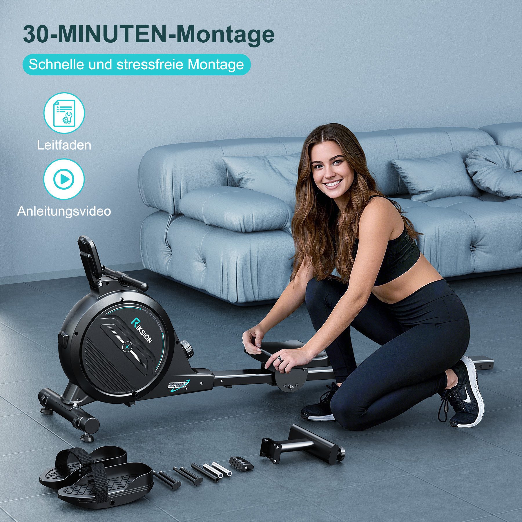 Riksion Rudergerät für Zuhause mit mit App, Rudergerät 16 Stufen Magnetwiderstand (1-tlg), Indoor-Gerät für das Home-Gym, 160 kg Kapazität mit LCD-Monitor