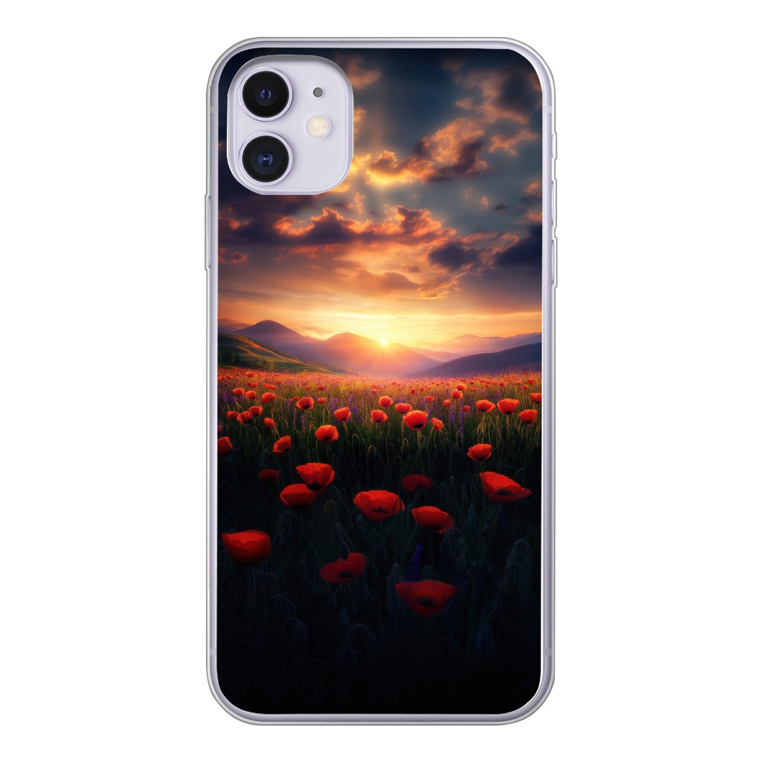 MuchoWow Handyhülle für Apple iPhone 11 Landschaft - Sonnenuntergang - Blumenfeld, Smartphone-Bumper, Print, Handy Schutzhülle Dünn
