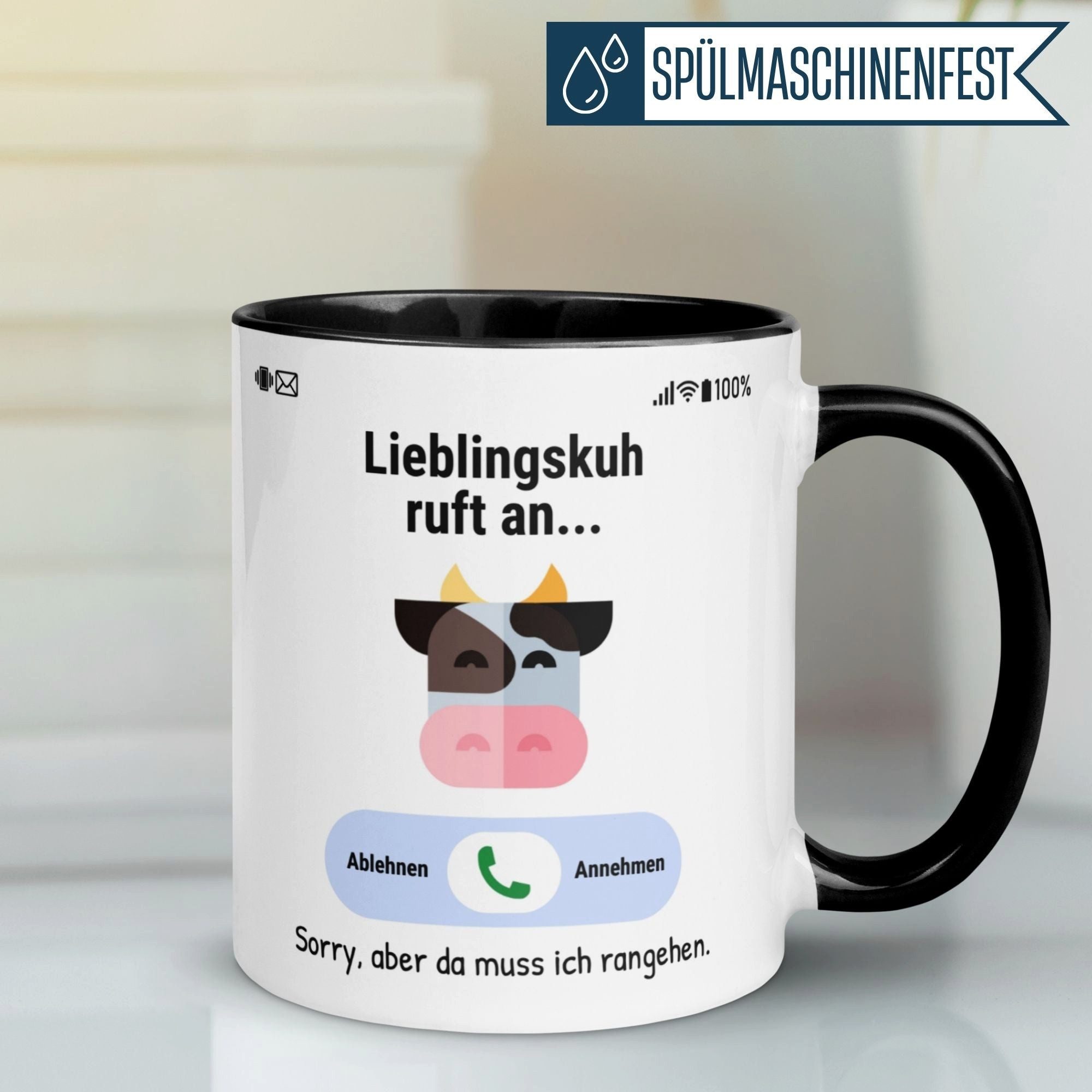 Momentals Tasse Kuh – „Lieblingskuh ruft an“ – lustiges Geschenk für Bauernhof Fans, Gratis Versand · Links-&Rechtshänder · Spülmaschinenfest