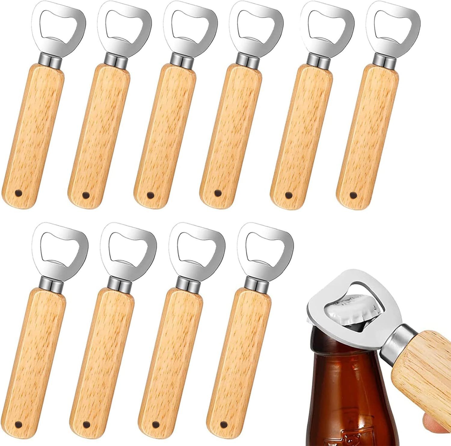 Flaschenöffner 10 Stück Natur Holzgriff Bier Flaschenöffner mit Tragbare Lochdesign