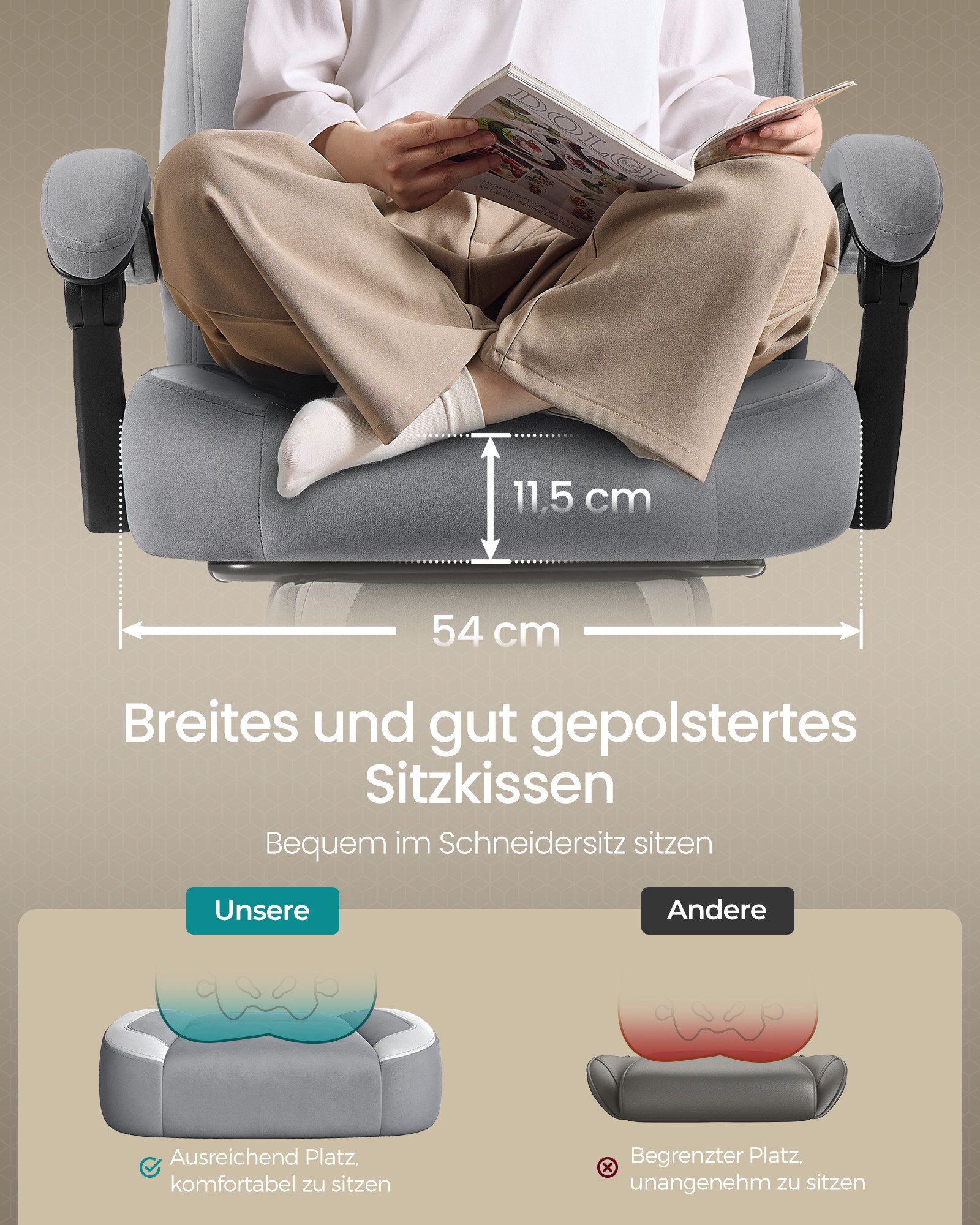 SONGMICS Bürostuhl Gaming-Stuhl, Computerstuhl ergonomischer, bis 150 kg belastbar, mit ausziehbarer Fußstütze, verstellbarem Kopfkissen und Lendenkissen – Bild 4 von 5