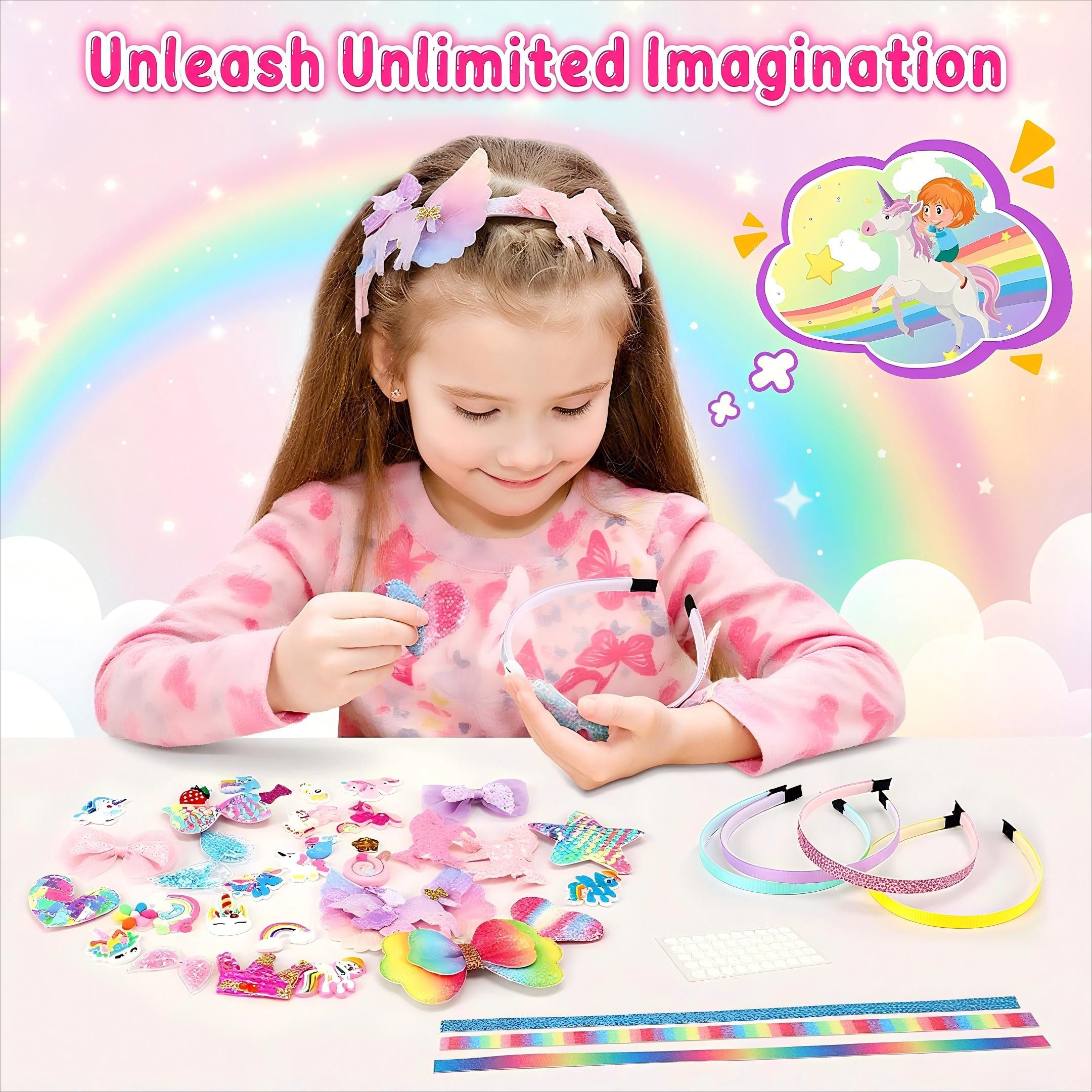 POPOLIC Haarreif Haarreifen Mädchen, Kreativset, Haarreifen Selber Machen Mädchen, 1-tlg., Mode Geburtstagsgeschenk für Mädchen, Einhorn, Haarschmuck Bastelset Kinder ab 4 5 6 7 8 9 Jahre