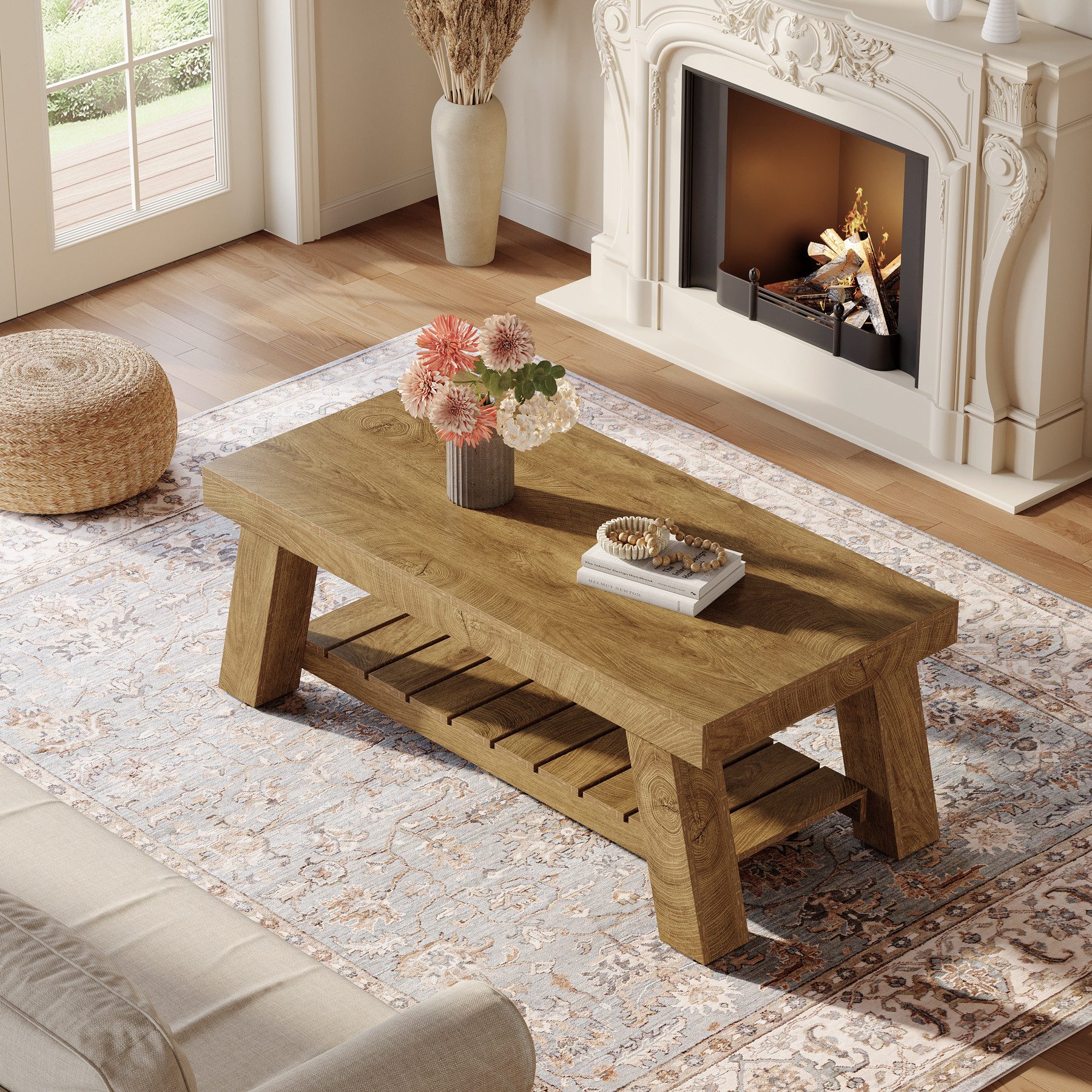 Tribesigns Couchtisch 120 cm Rechteckiger Wohnzimmertisch, Landhaus-Couchtisch mit Stauraum – Bild 4 von 5
