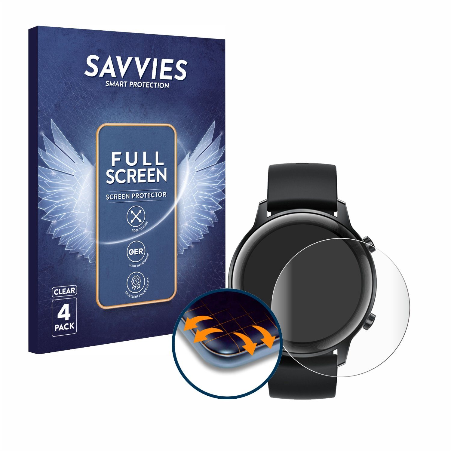 Savvies Displayschutzfolie Fullscreen Schutzfolie für Honor Watch Magic 2 (42 mm), 4 Stück, Displayschutz Folie Fullcover Klar Transparent