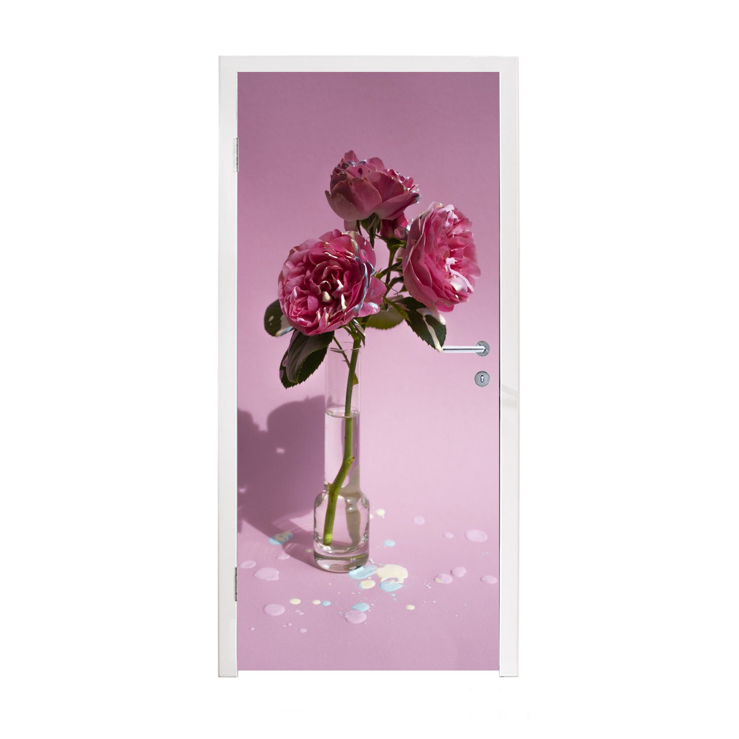 MuchoWow Türtapete Rosen - Rosa - Vase, Matt, bedruckt, (1 St), Fototapete für Tür, Türaufkleber, 75x205 cm