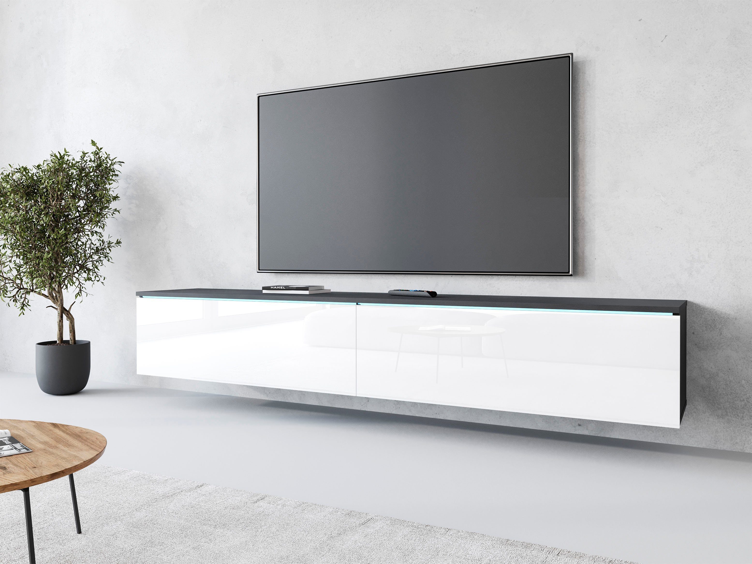 Home affaire Lowboard LOWBOARD VERA, wahlweise mit oder ohne Beleuchtung, Modernes griffloses TV-Board, 180 cm TV-Schrank, stehend und hängend