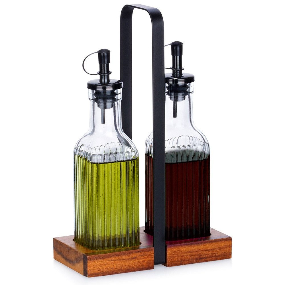 Vilde Sprühflasche 2x190ml mit Rillenstruktur und Dosierern im Akazienholzständer, (3-tlg., 2x Flasche, 1x Ständer), mit Dosierer, schwarz, braun
