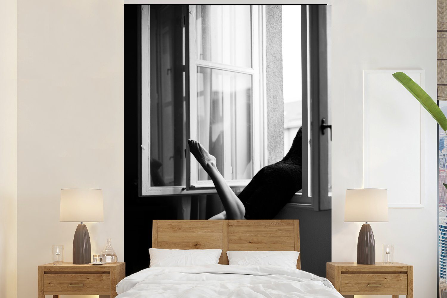 MuchoWow Fototapete Fenster - Frau - Architektur - Schwarz - Weiß, Matt, bedruckt, (3 St), Montagefertig Vinyl Tapete für Wohnzimmer, Wandtapete | Fototapeten