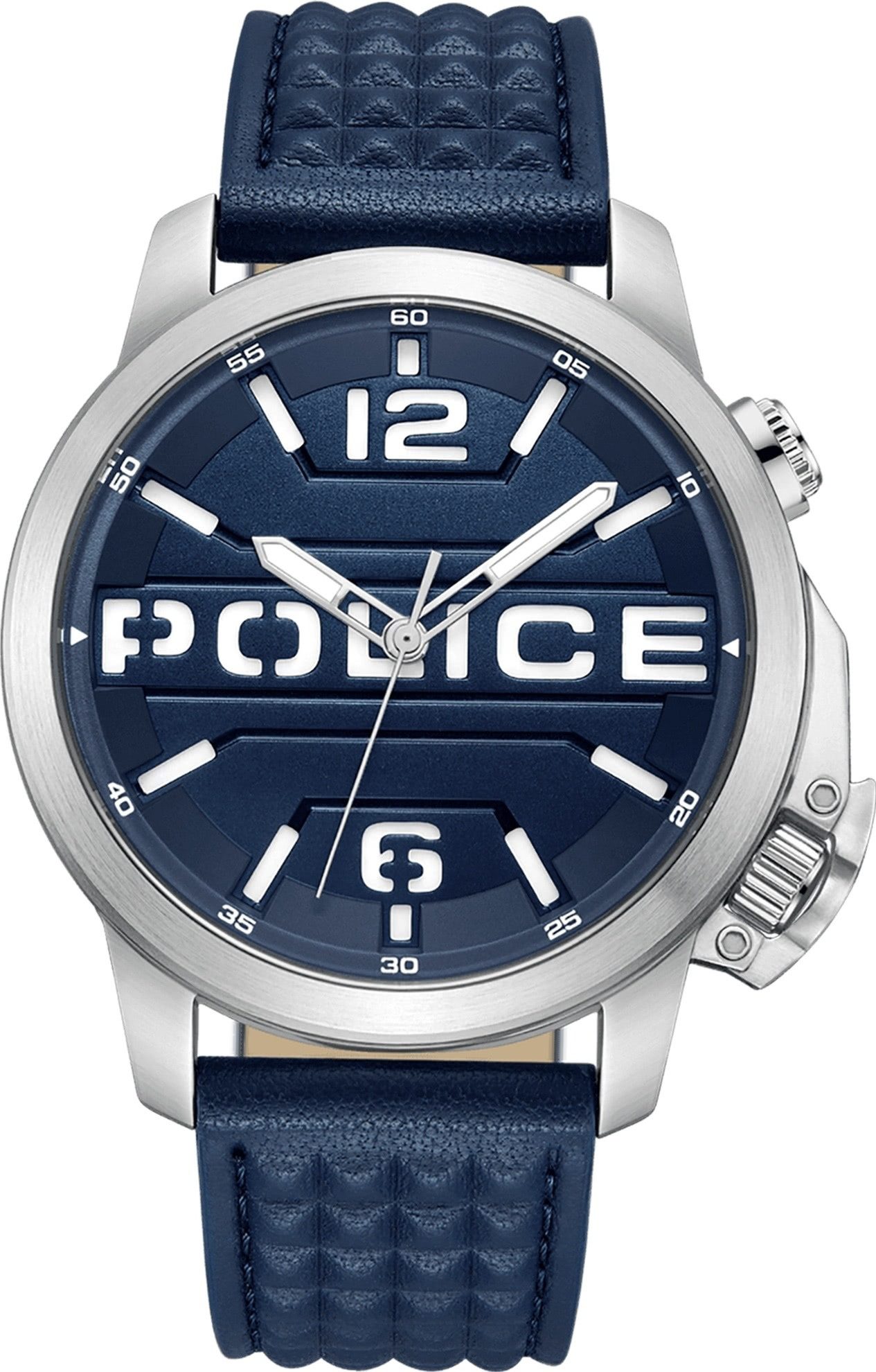 Police Quarzuhr Police Herrenuhr Leder dunkelblau, (Analoguhr), Herrenuhr rund, extra groß (ca. 44x52mm) Lederarmband