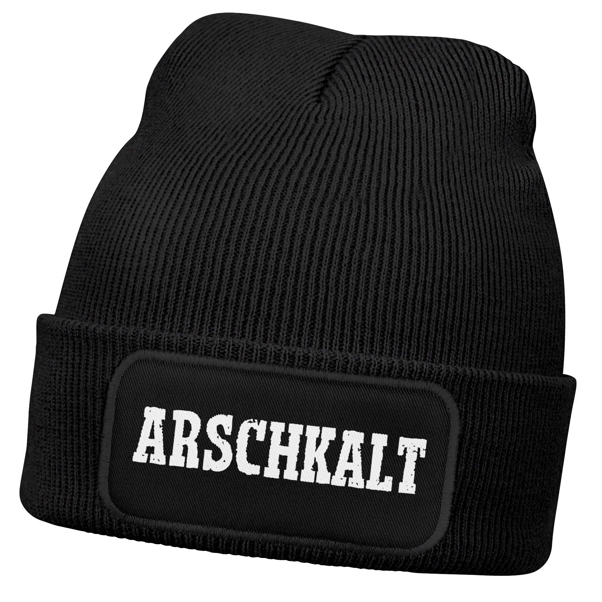 Strickmütze Moonworks® Damen Beanie mit Patch Arschkalt Strickmütze mit Spruch