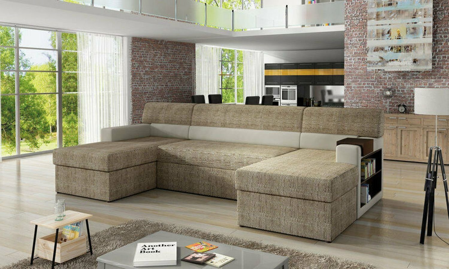 JVmoebel Ecksofa, Markos Bettfunktion Design Ecksofa Beige Couch U-form