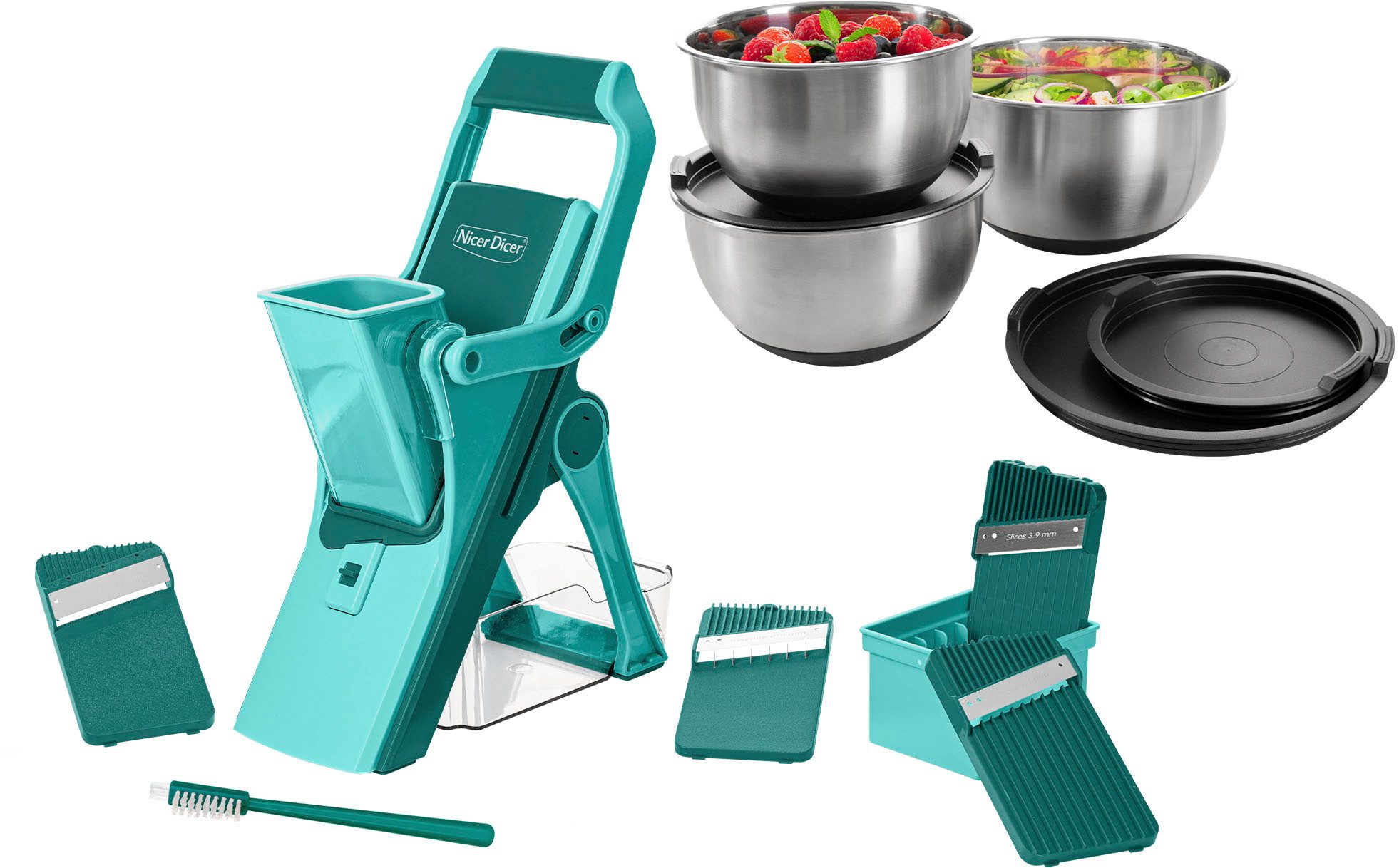 Genius Zerkleinerer Edelstahl-Schüsseln mit Deckeln inkl. Nicer Dicer Mando, zum Aufbewahren, Zubereiten und Transportieren von Speisen