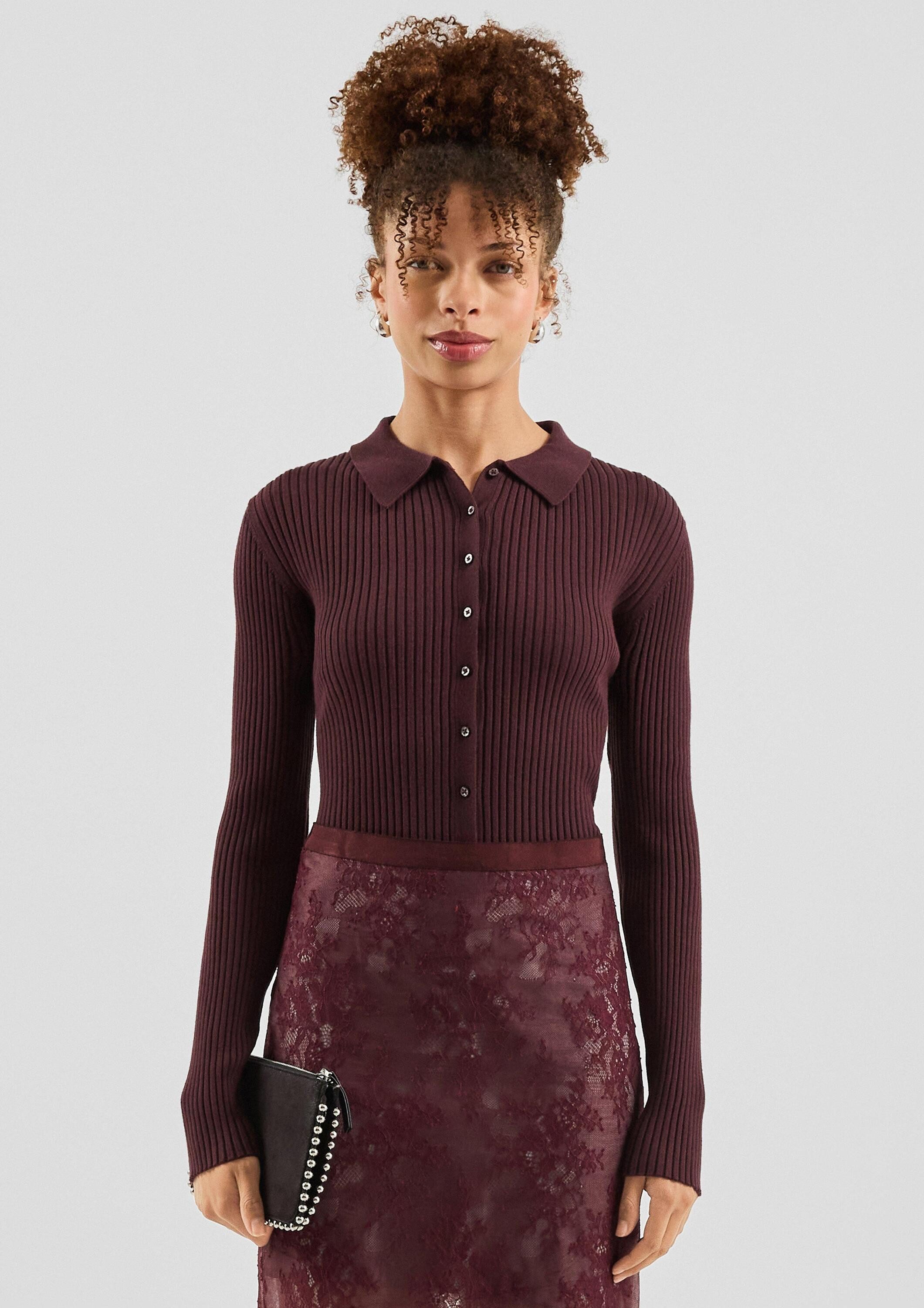 QS T-Shirt Strickjacke Schmaler, durchgeknöpfter Ripp Pullover mit Polokrag günstig online kaufen