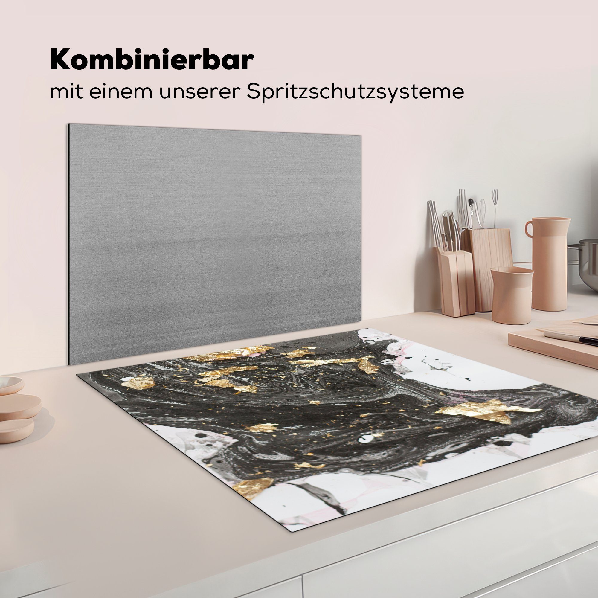 Marmor Arbeitsplatte Herdblende-/Abdeckplatte für Muster Ceranfeldabdeckung, - küche MuchoWow - cm, Vinyl, (1 tlg), - Schwarz 78x78 Weiß,