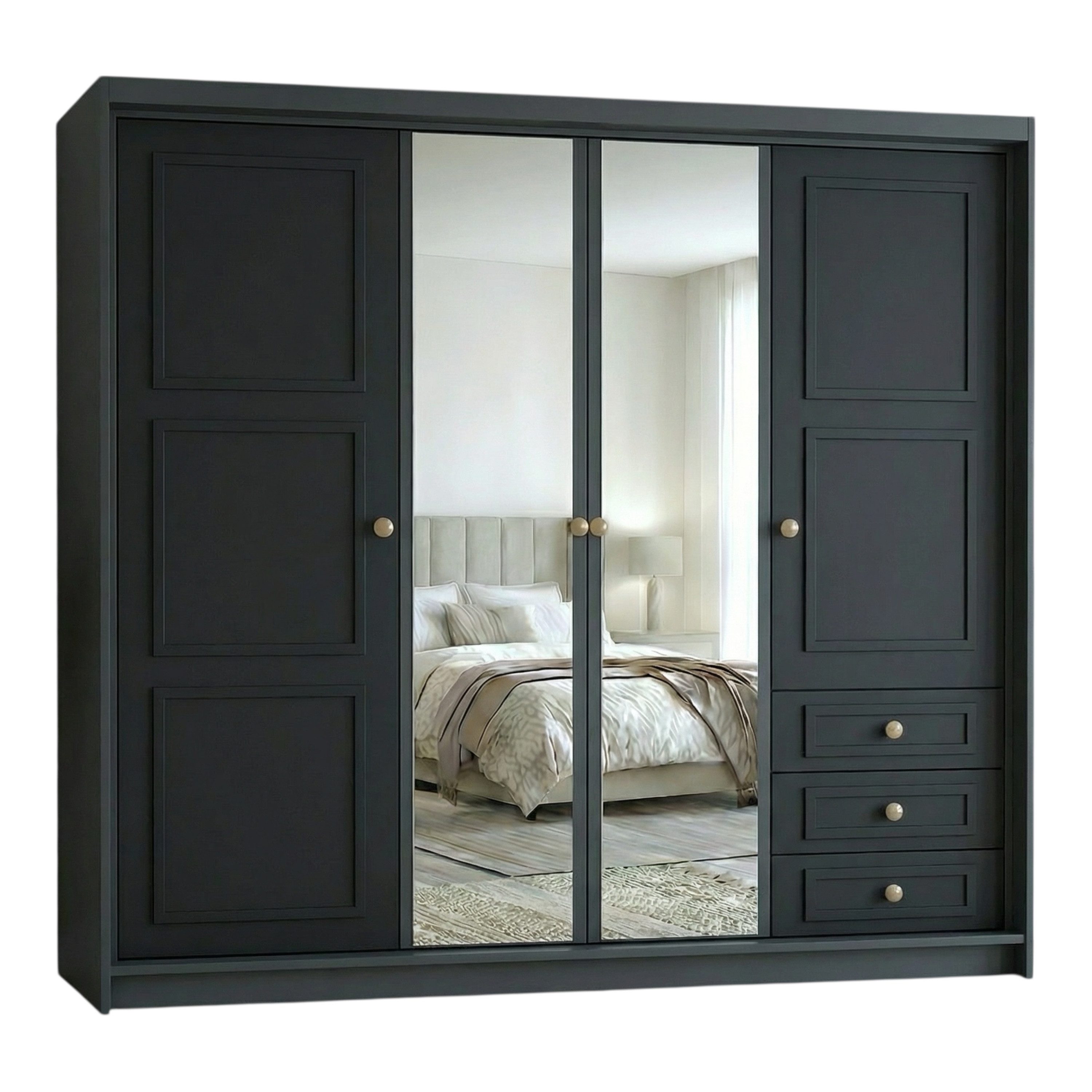 A&J MöbelLand GmbH Drehtürenschrank OSLO viertüriger Kleiderschrank mit Schubladen und Metallgriffen (Geräumiger viertüriger Kleiderschrank mit Schubladen und Metallgriffen. Geräumiger Schrank mit einer Breite von 200 cm und Schubladen, ideal zur Aufbewah