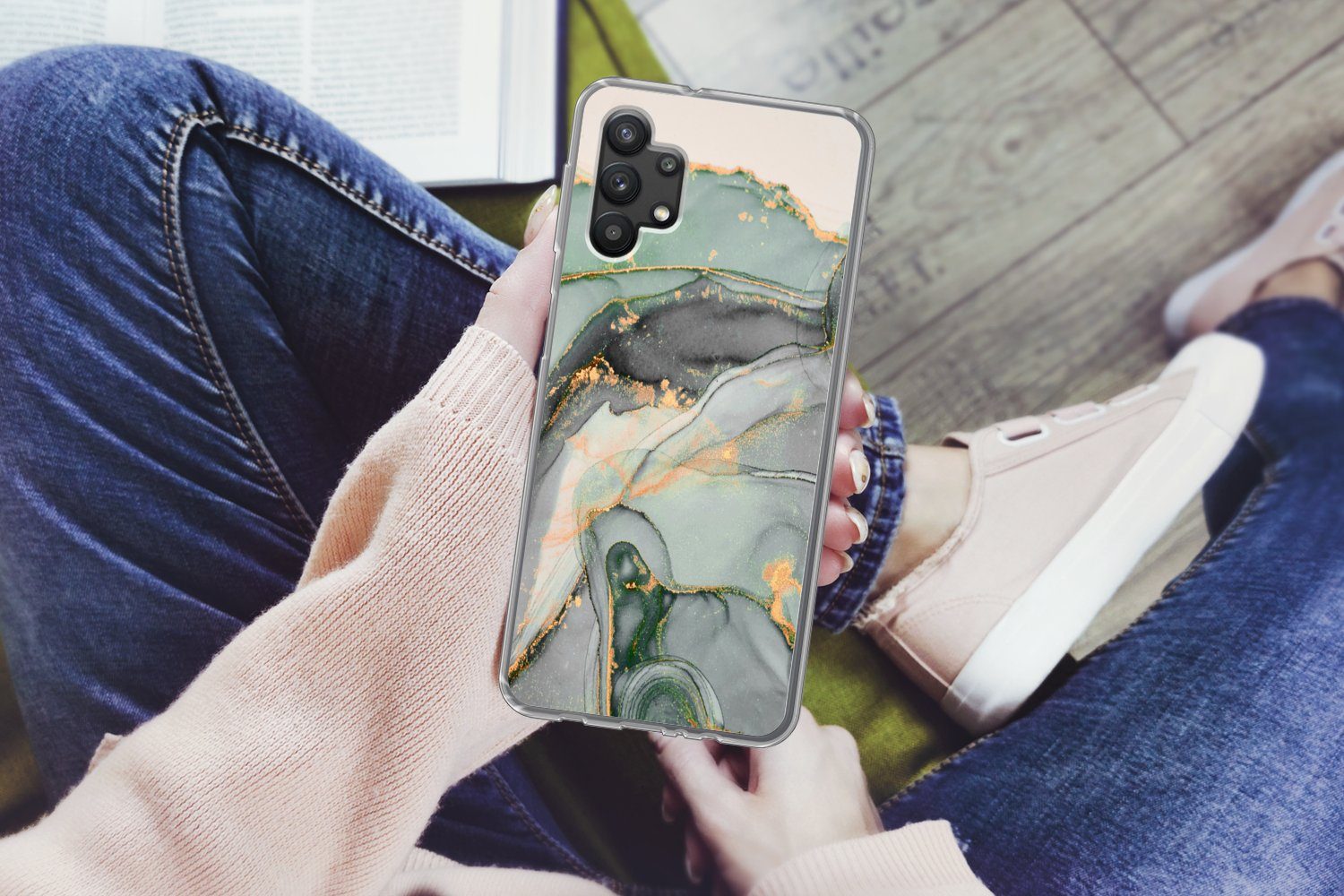 MuchoWow Handyhülle für Samsung Galaxy A32 5G Gold - Marmor - Grün - Luxus - Glitzer - Mar, Smartphone-Bumper, Print, Handy Schutzhülle Dünn