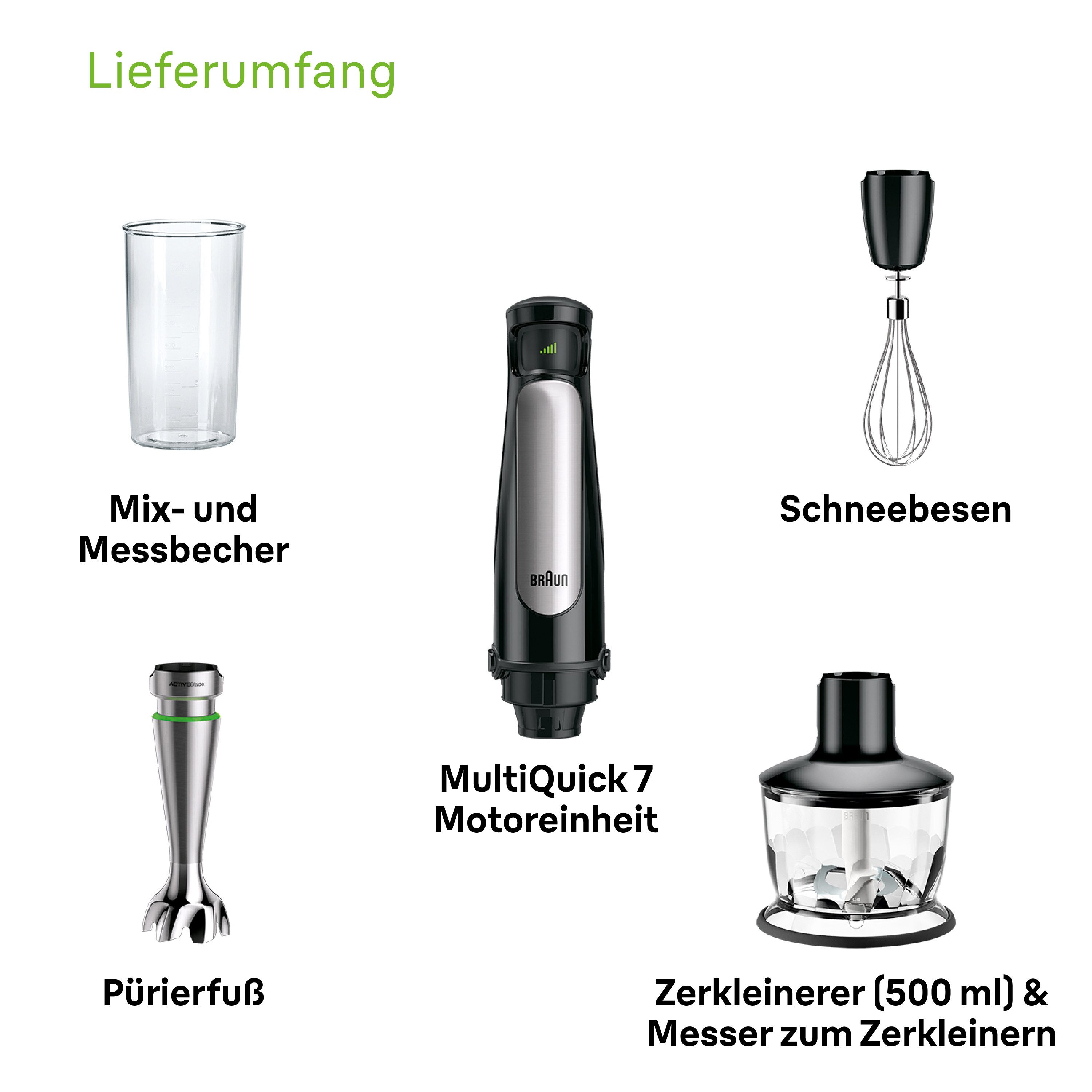 Braun Stabmixer MultiQuick 7 MQ 7035X - 1000W, Stufenlosregulierbar, Dynamische Klinge, 1000 W, Spritzschutz, Extra Mahlklinge, 500 ml Zerkleinerer, Schneebesen