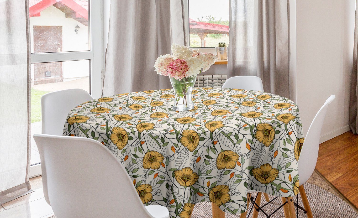 Abakuhaus Tischdecke Kreis Tischdecke Abdeckung für Esszimmer Küche Dekoration, Blumen Blumen und gestreifte Blätter