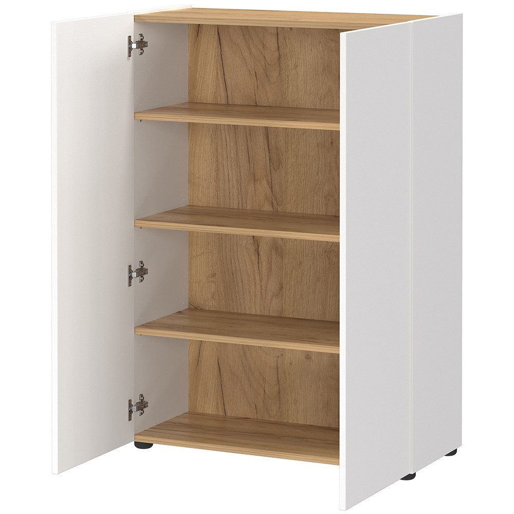 Lomadox Garderoben-Set ABURI-01, (Spar-Set, 3-St., Schuhschrank Spiegel Paneel), in weiß mit Eiche, griffloses Design, 3 anklappbare Haken
