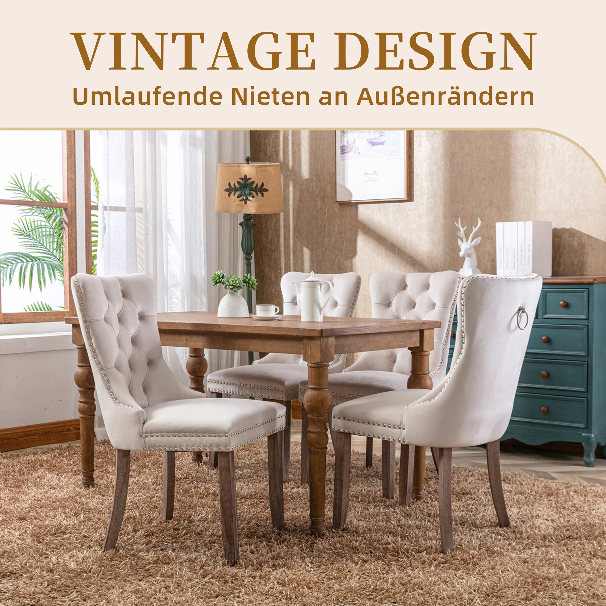 SeedWave Esszimmerstuhl 2er-Set Küchenstuhl Samtbezug, Holzfüße mit Verstellbaren Schrauben, Polsterstuhl mit Ringgriff, Niete und Knopf-Rückenlehne