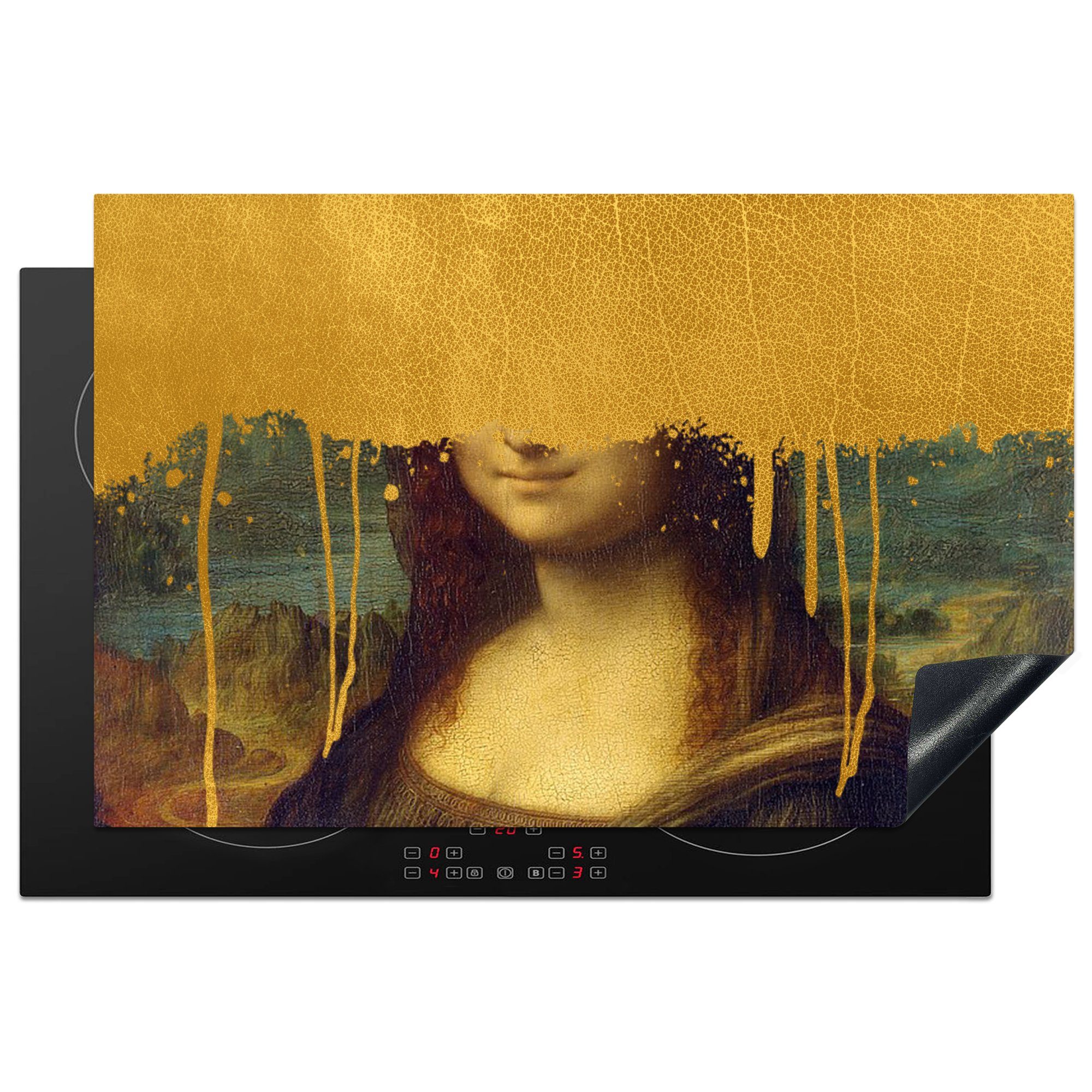 MuchoWow Herdblende-/Abdeckplatte Mona Lisa - Gold - Da Vinci, Vinyl, (1 tlg), 81x52 cm, Induktionskochfeld Schutz für die küche, Ceranfeldabdeckung