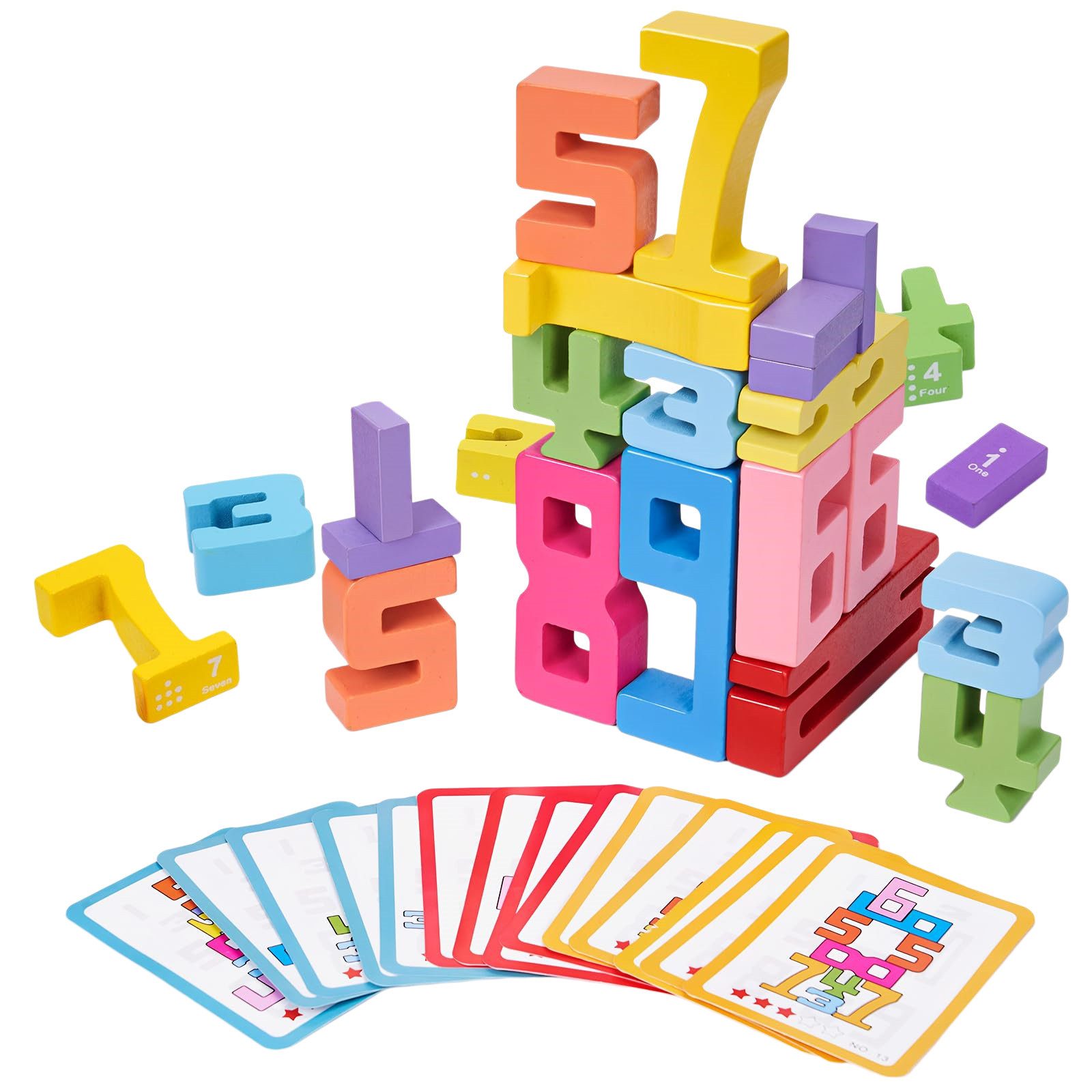 FOUORTUNATE-BEE Holz Zahlen Lernspiel Set 20 tlg mit Karten Kinder Mathe Spiel Spielbausteine, Zahlen Holzspielzeug 20 tlg mit 15 Karten Lernspiel für Kinder