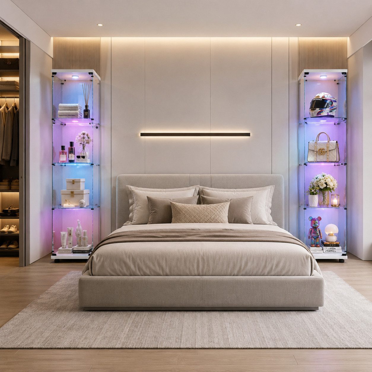 Simurq Glasvitrine glasvitrine,vitrinenschrank,vitrine mit LED,4 lagen sammlervitrine (Packung, Sammlervitrine Schauvitrine mit türen und Schloss, Gehärtetes Glas) LED-Streifenbeleuchtung; Mit Schloss