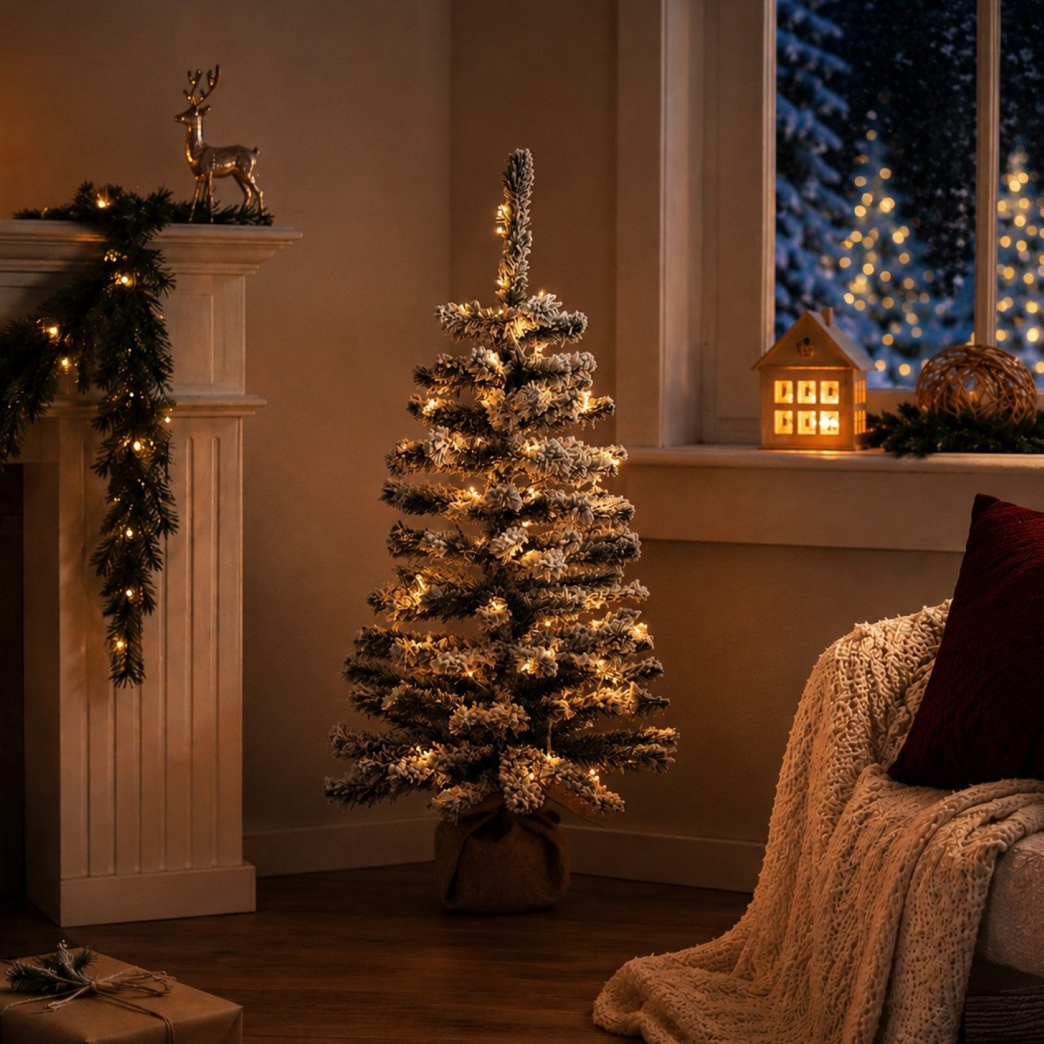 Online-Fuchs Künstlicher Weihnachtsbaum mit Schnee bedeckt und LED-Beleuchtung inkl. Timer - Weihnachtsdeko, 90 cm kleiner Tannenbaum, 50 warmweiße LEDs sorgen für ein stimmungsvolles Ambiente