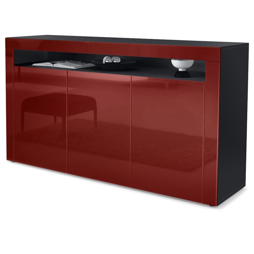 Vladon Sideboard Valencia (Sideboard, mit 3 Двери und 1 offenem Fach), Schwarz matt/Bordeaux Hochglanz/Bordeaux Hochglanz (155 x 92 x 40 cm)